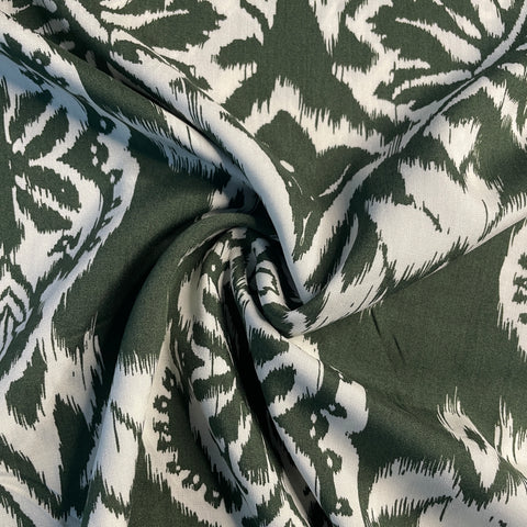 Exclusive White green Ikkat Print Rayon Fabric