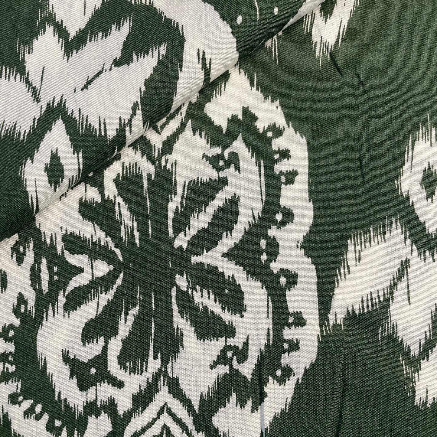 Exclusive White green Ikkat Print Rayon Fabric