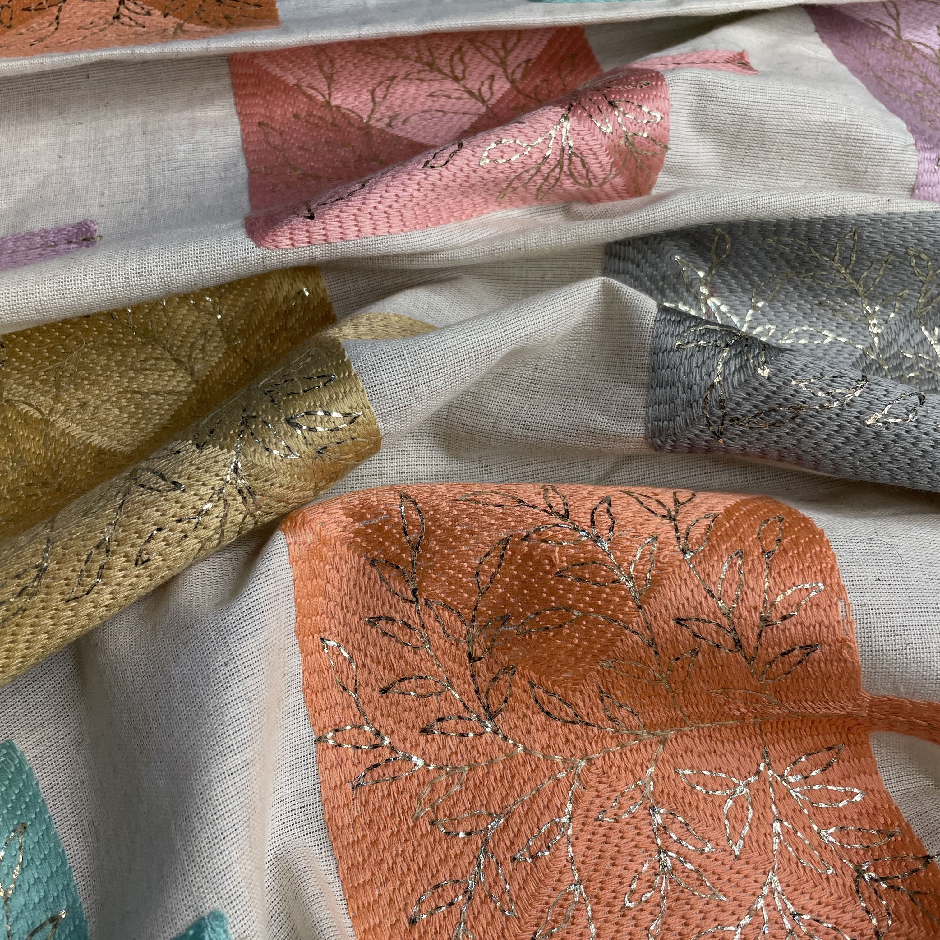 Exclusive White Multicolor Thread Embroidery Cotton Fabric