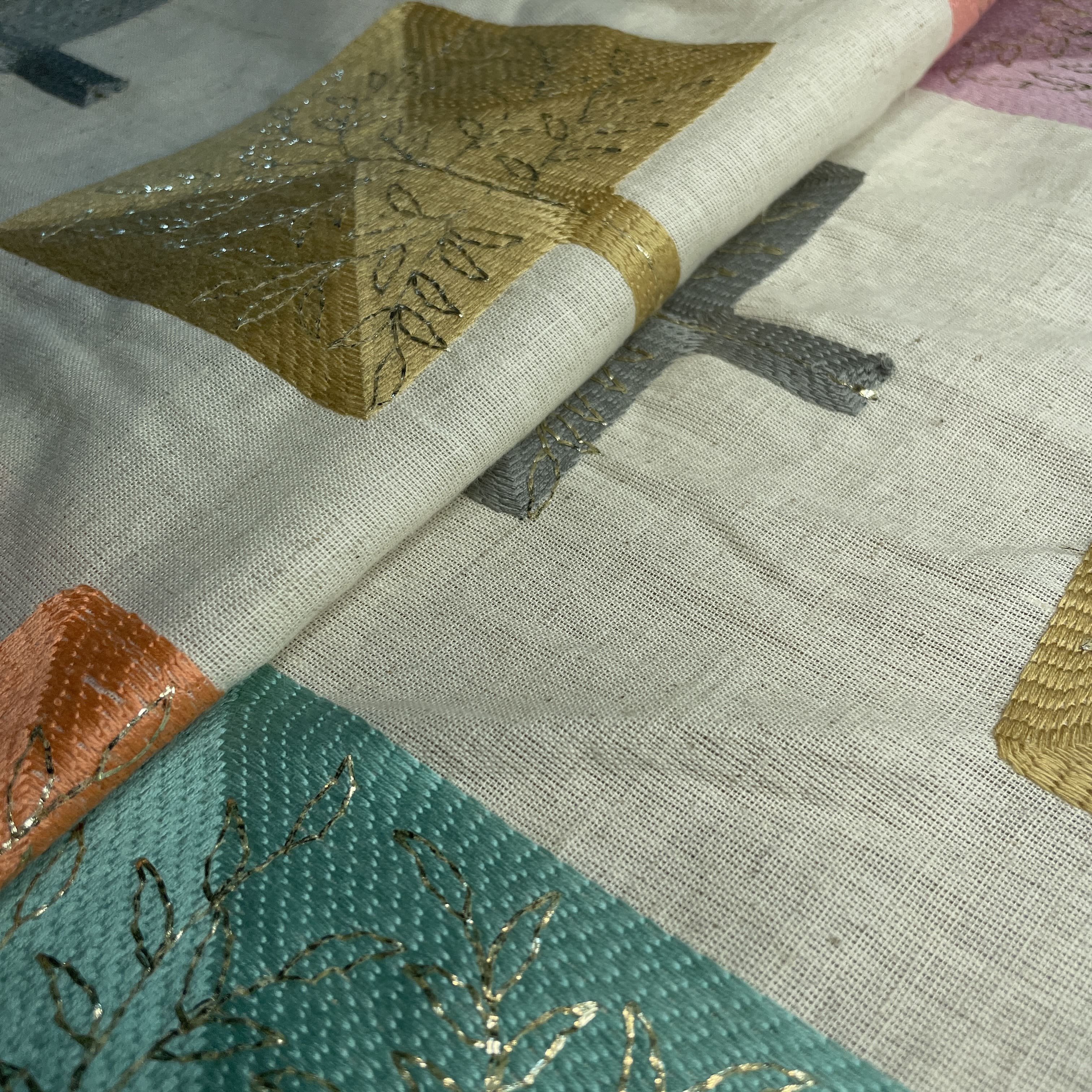 Exclusive White Multicolor Thread Embroidery Cotton Fabric