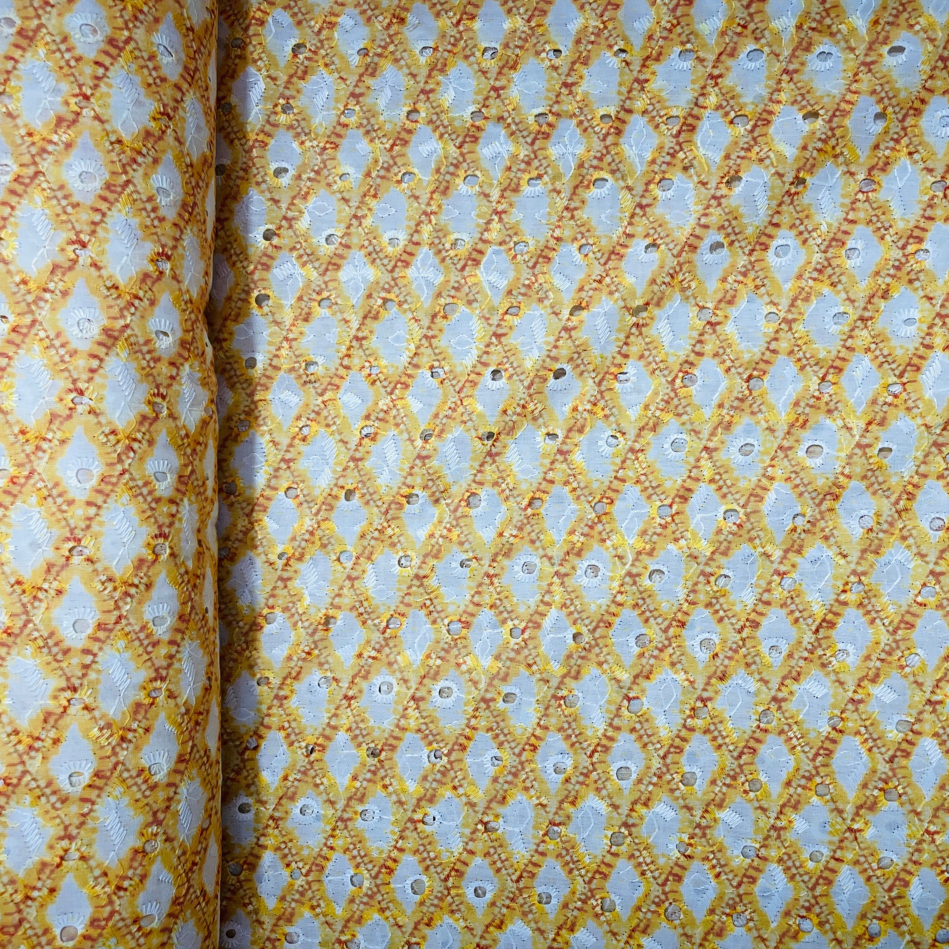 White & Yellow Geometerical Embroidery Cotton Schiffli Fabric - TradeUNO