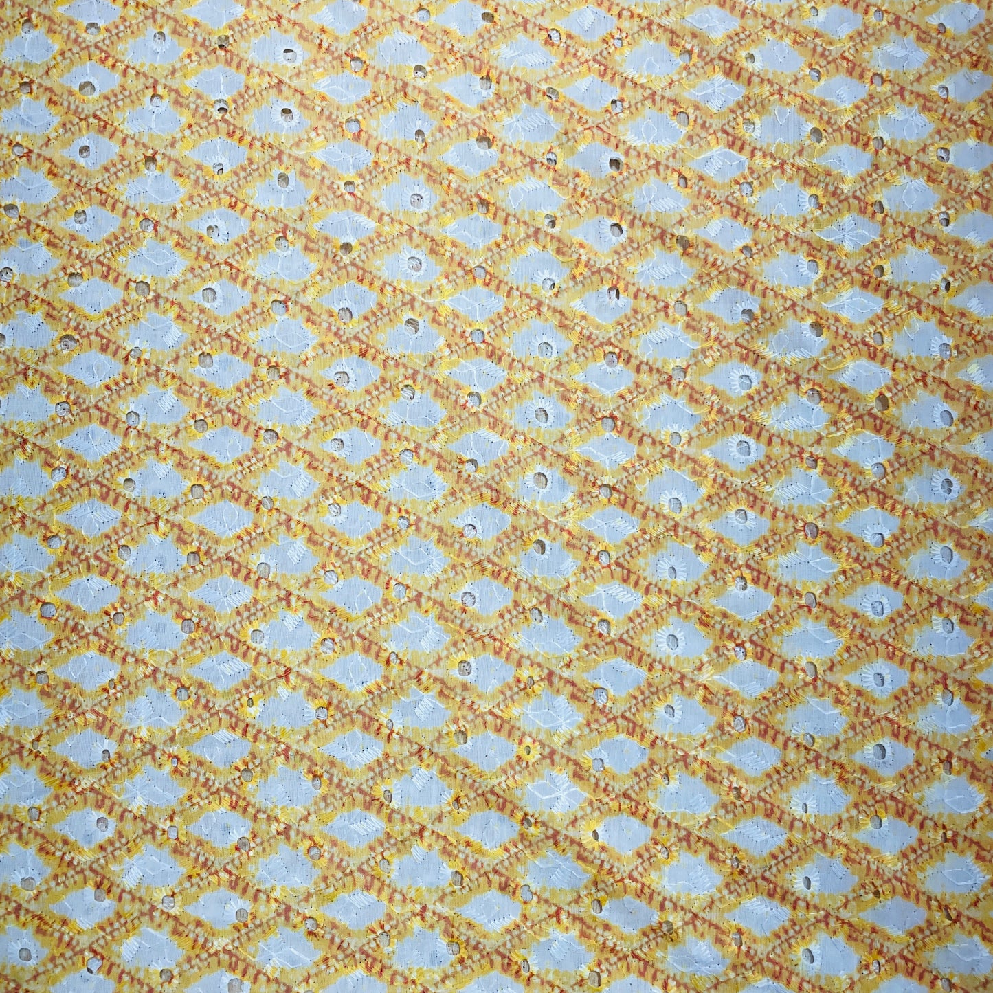White & Yellow Geometerical Embroidery Cotton Schiffli Fabric - TradeUNO
