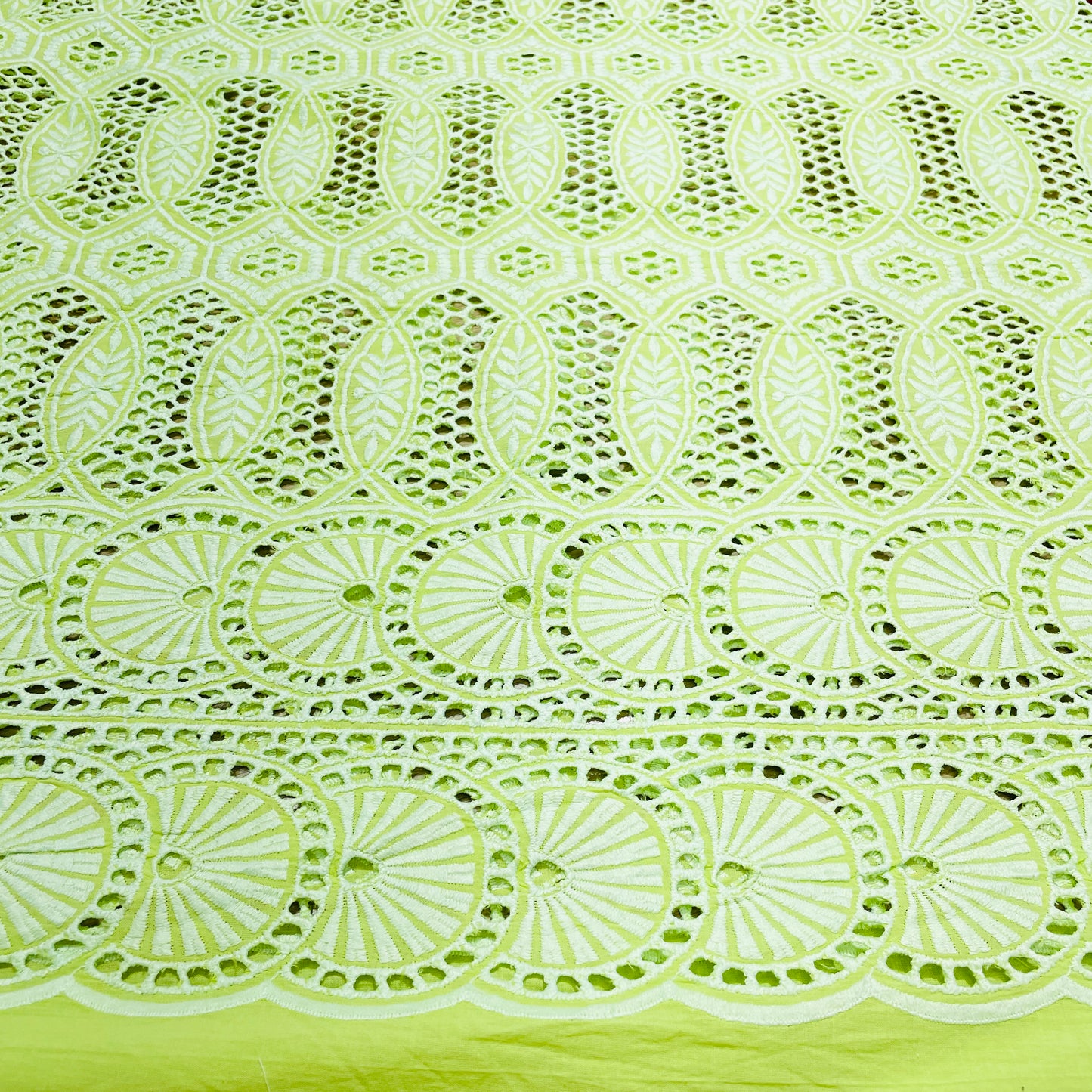 Green Geometerical Embroidery Cotton Schiffli Fabric Cotton Schiffli