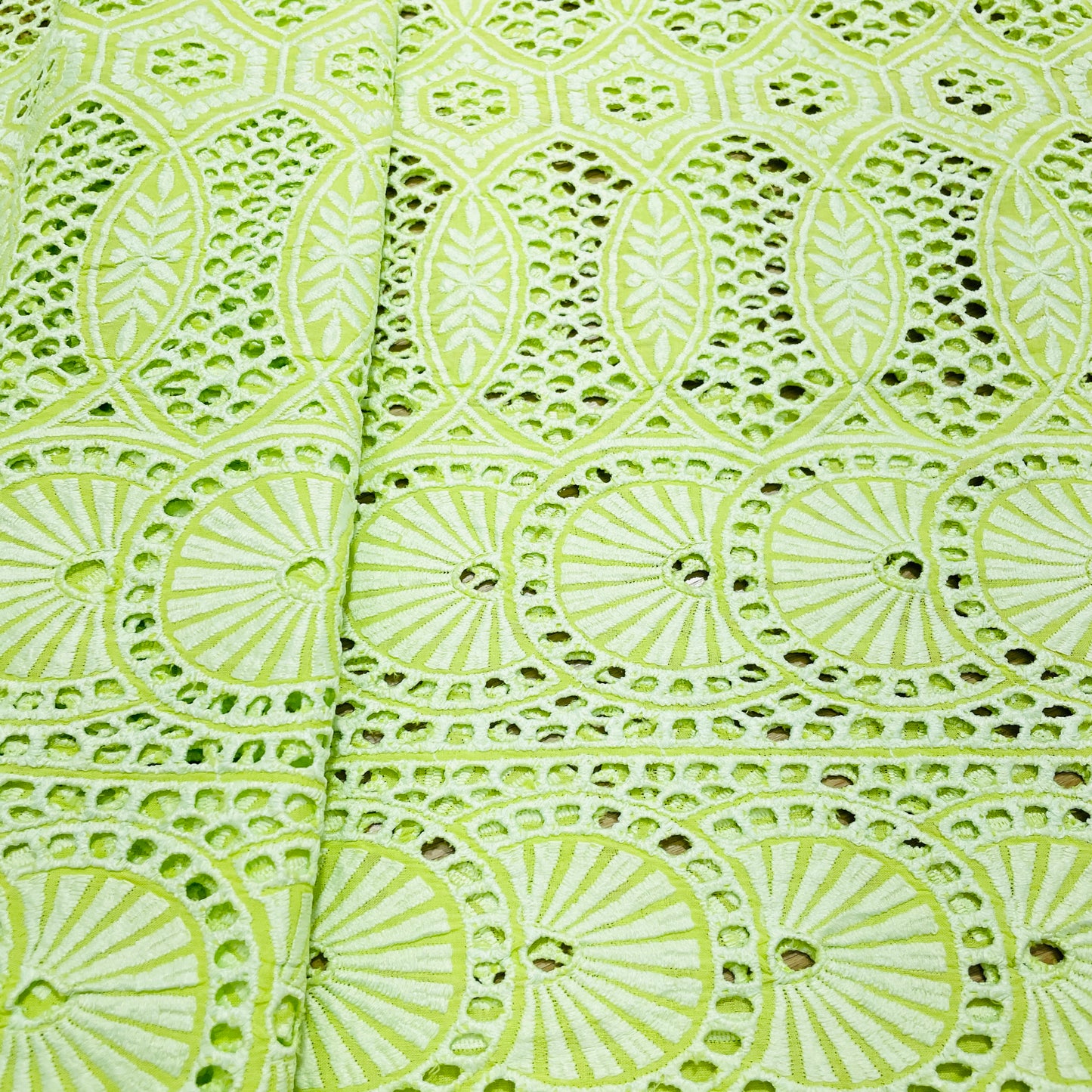 Green Geometerical Embroidery Cotton Schiffli Fabric Cotton Schiffli