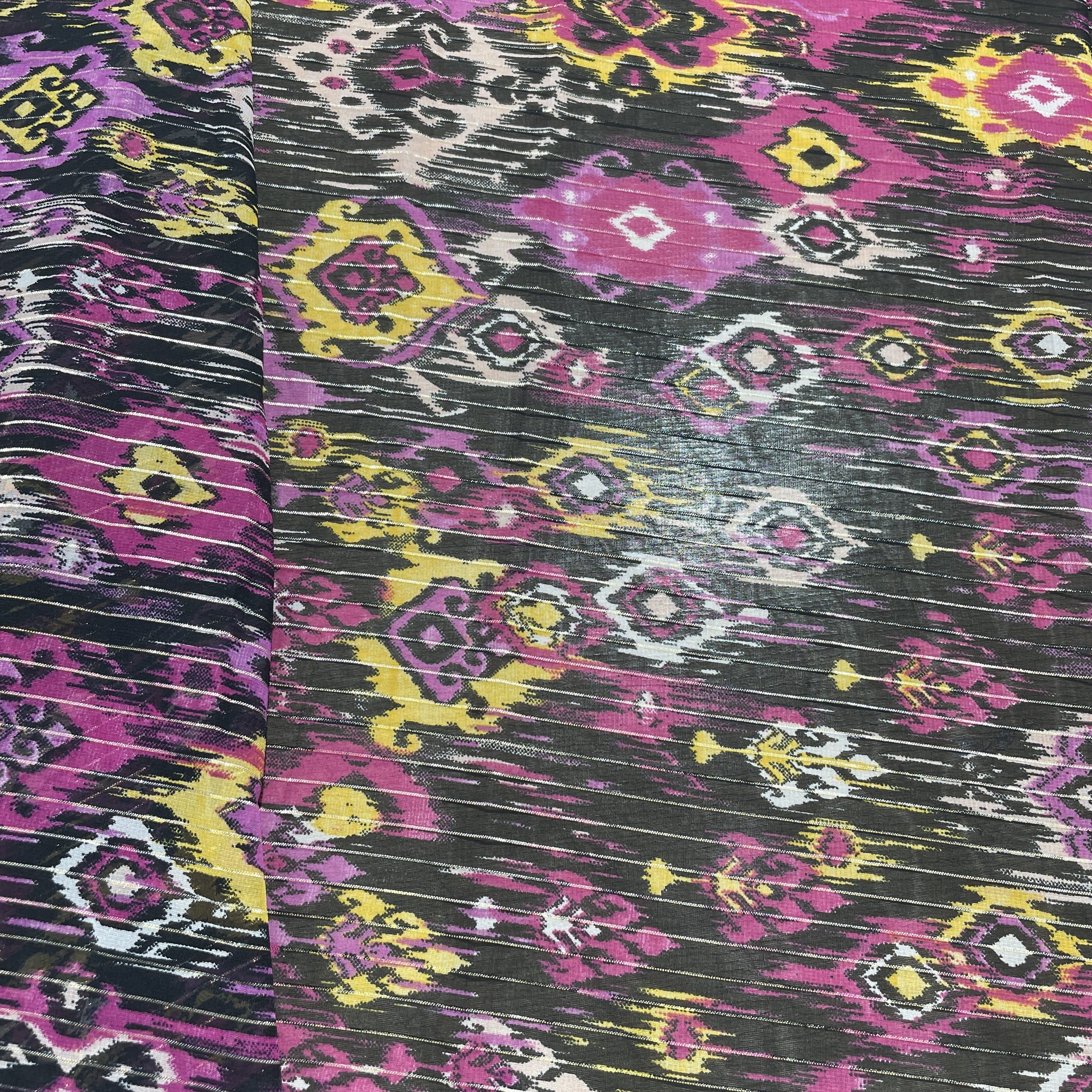 Premium Pink Black Ikkat Print Chiffon Fabric - TradeUNO