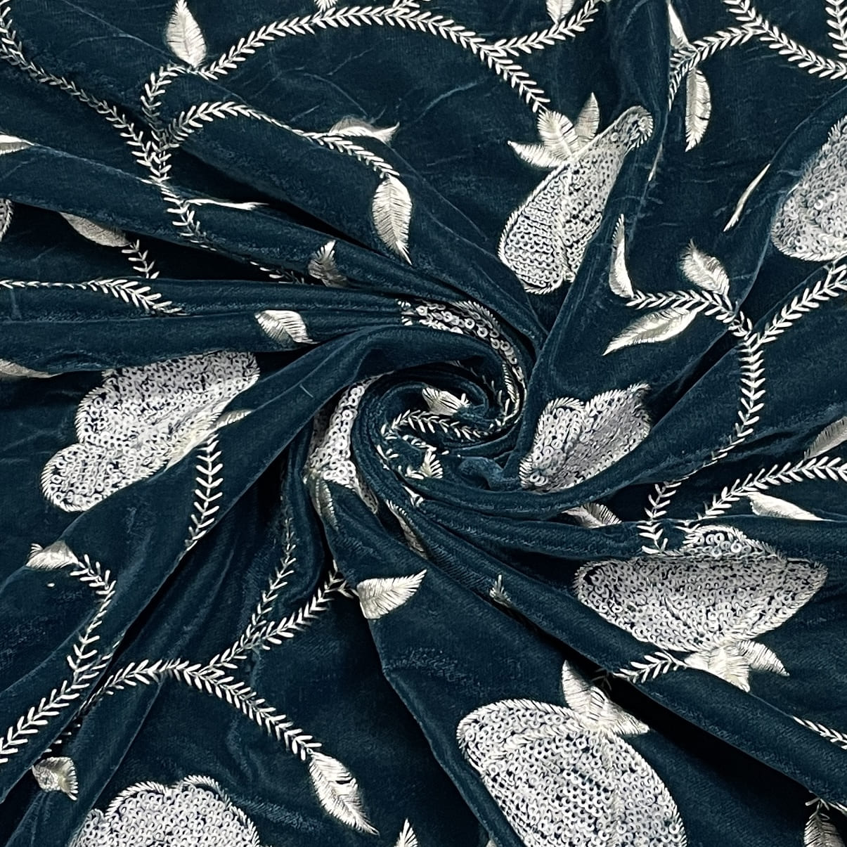 classic teal green floral thread embroidery velvet