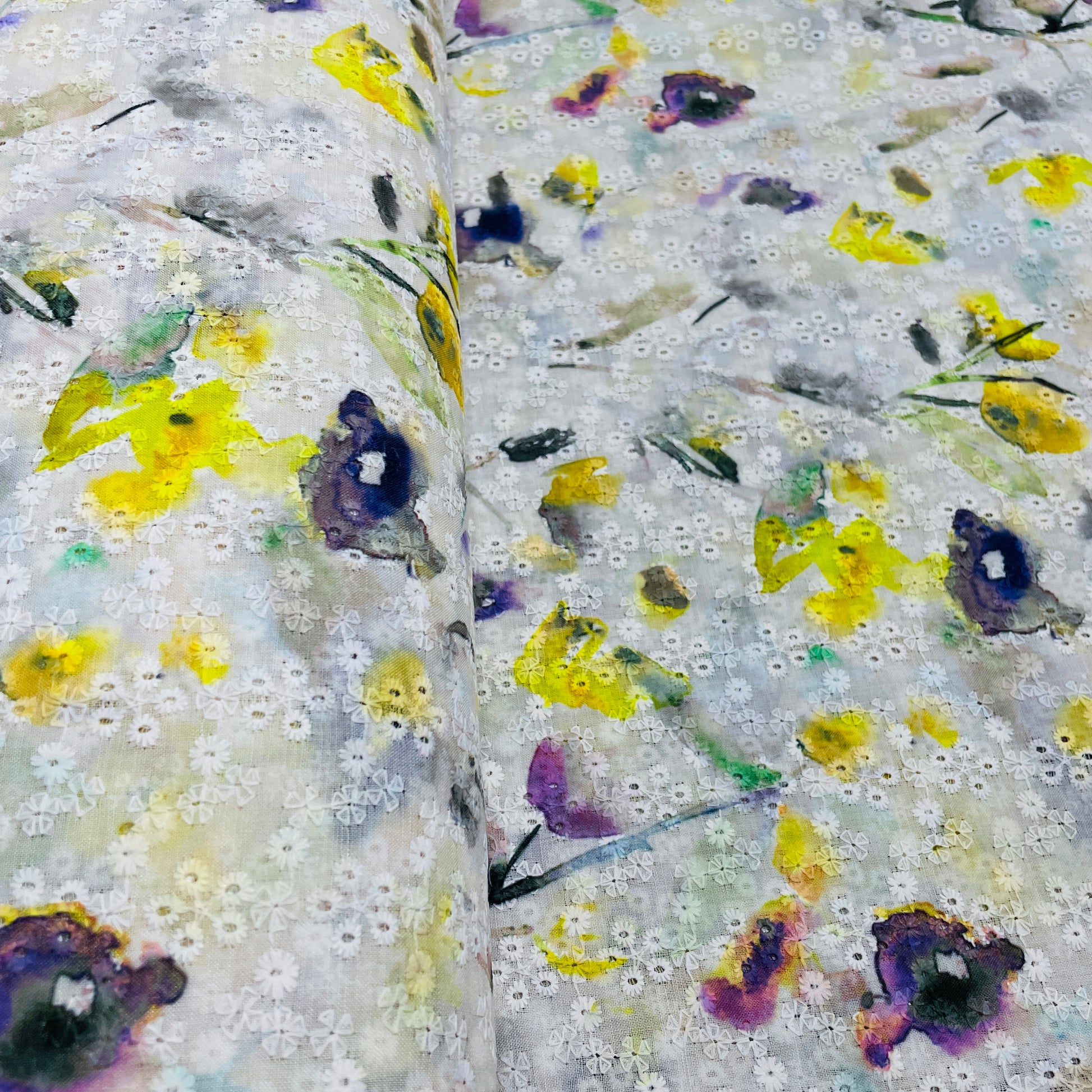 Cream Yellow Floral Embroidery Cotton Schiffli Fabric - TradeUNO