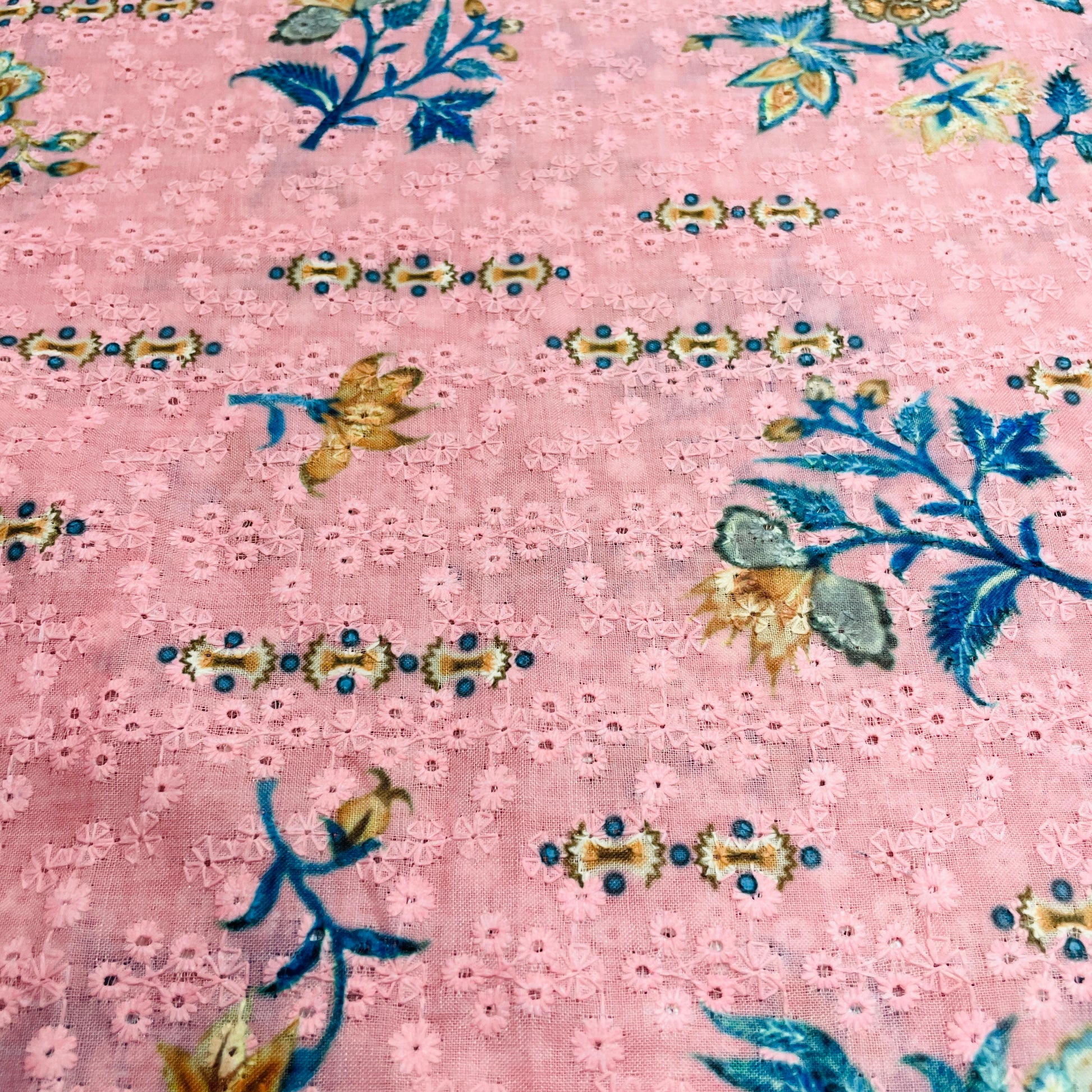 Pink & Blue Floral Embroidery Schiffli Cotton Schiffli Fabric