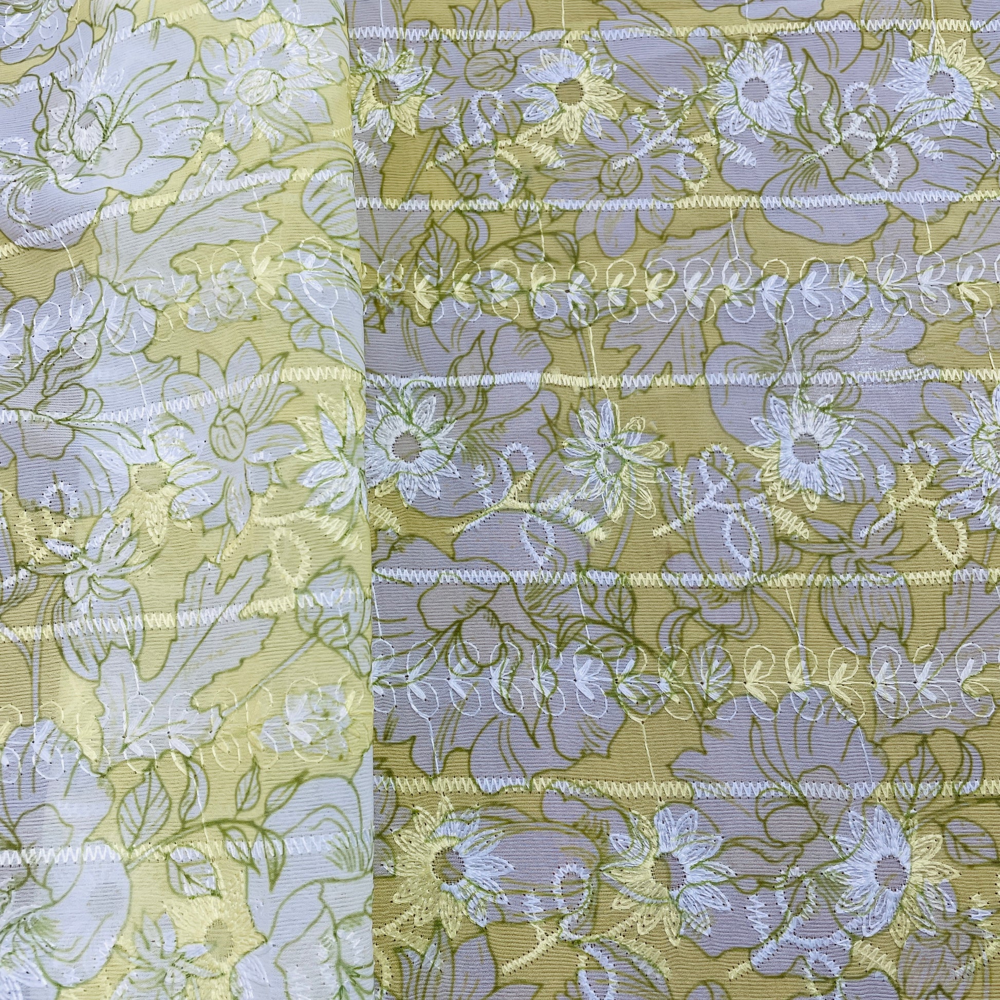 Yellow White Thread Embroidery Imported Organza Chiffon Fabric - TradeUNO