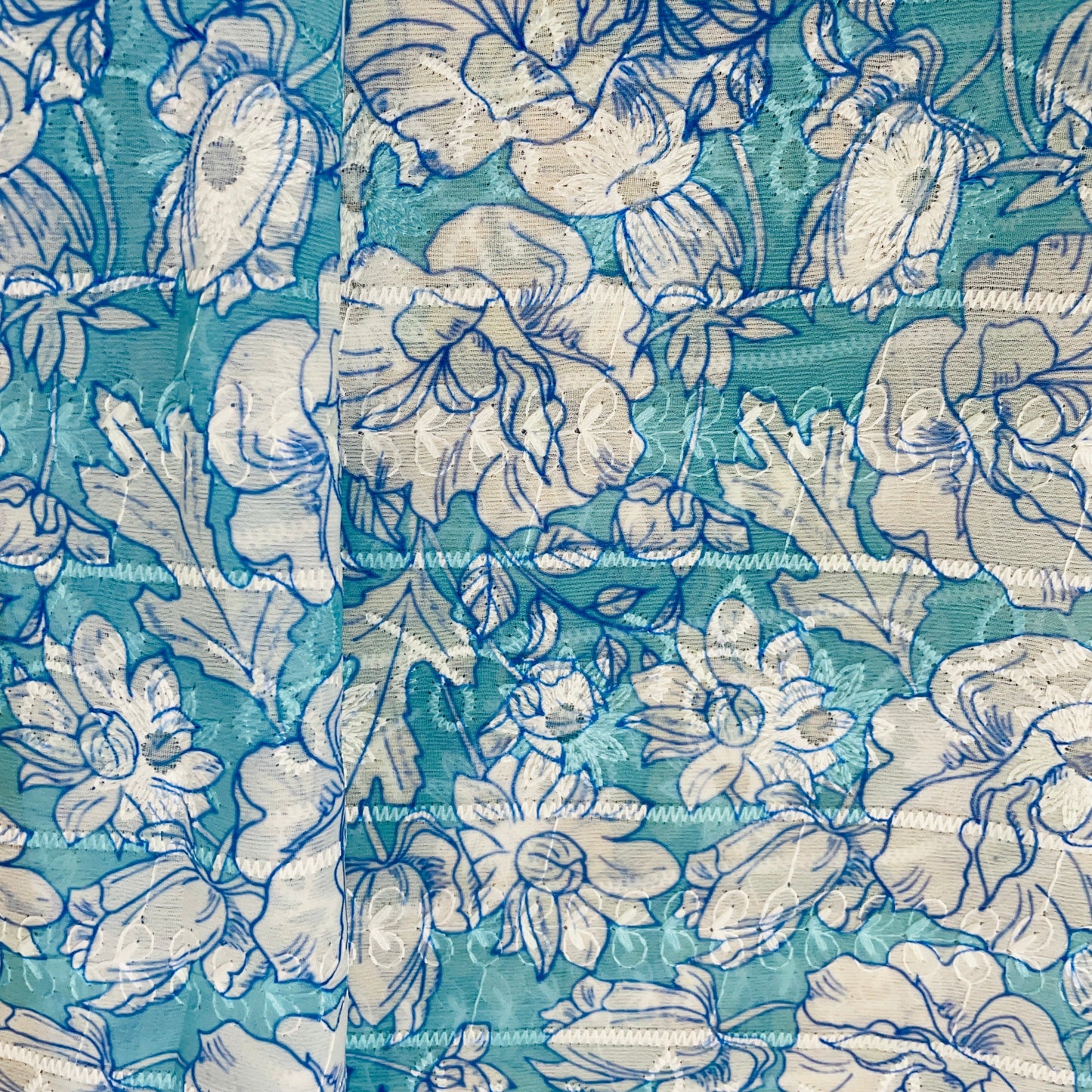 Blue White Thread Embroidery Imported Organza Chiffon Fabric - TradeUNO