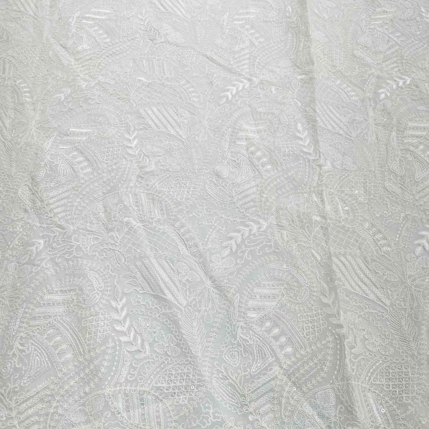 White Floral Sequence Embroidery Dyeable Organza Fabric