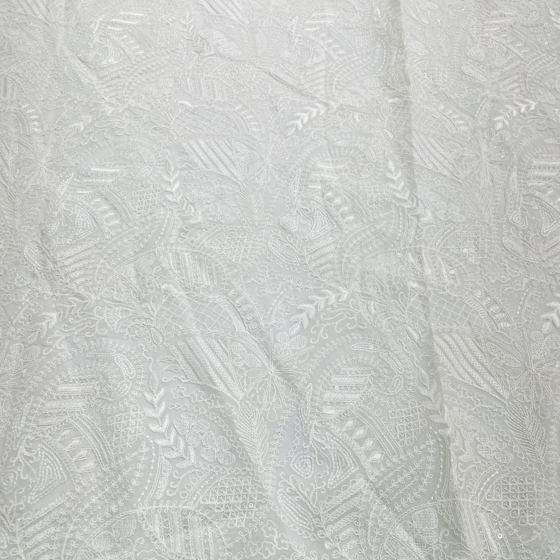 White Floral Sequence Embroidery Dyeable Organza Fabric