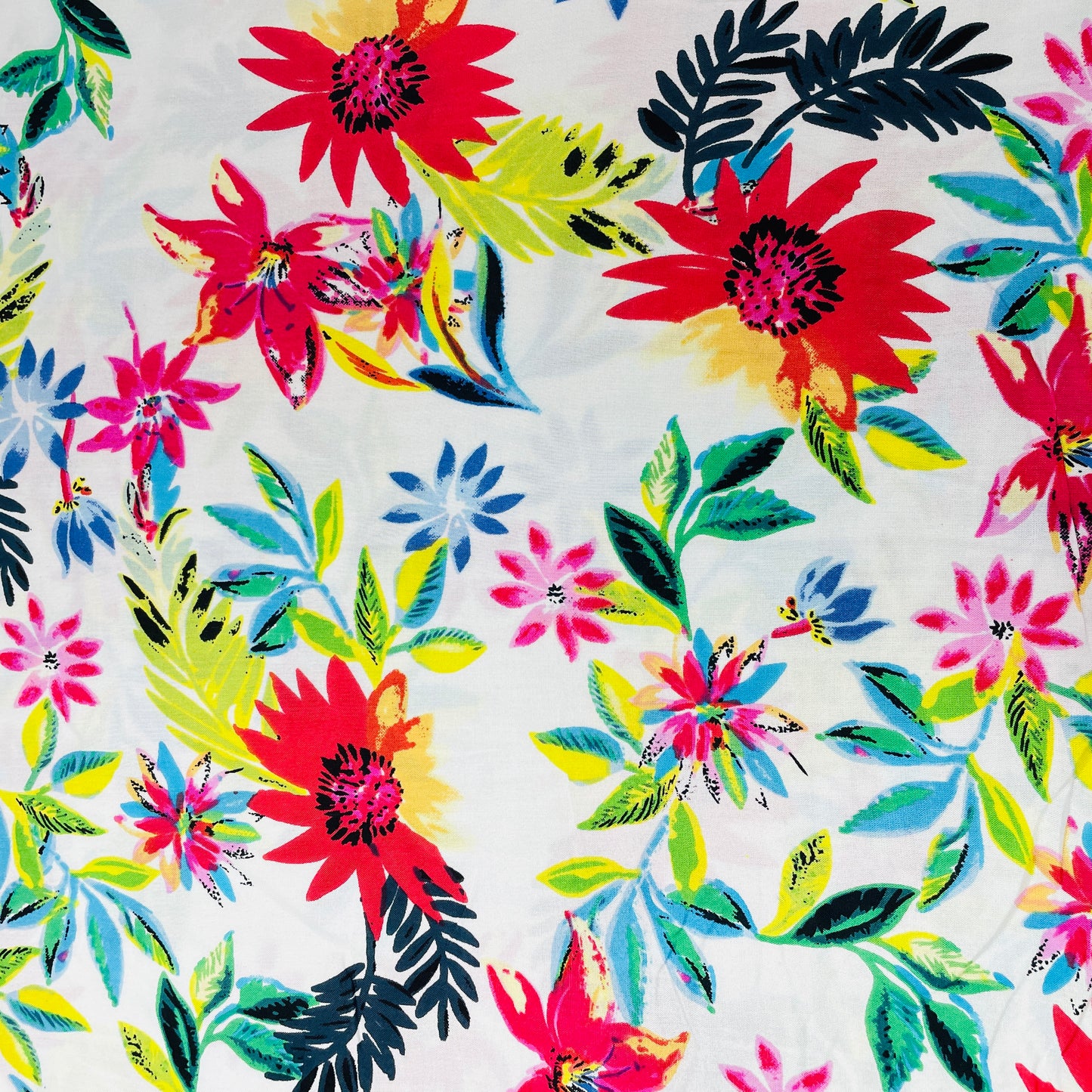 White Multicolor Floral Print Rayon Fabric - TradeUNO