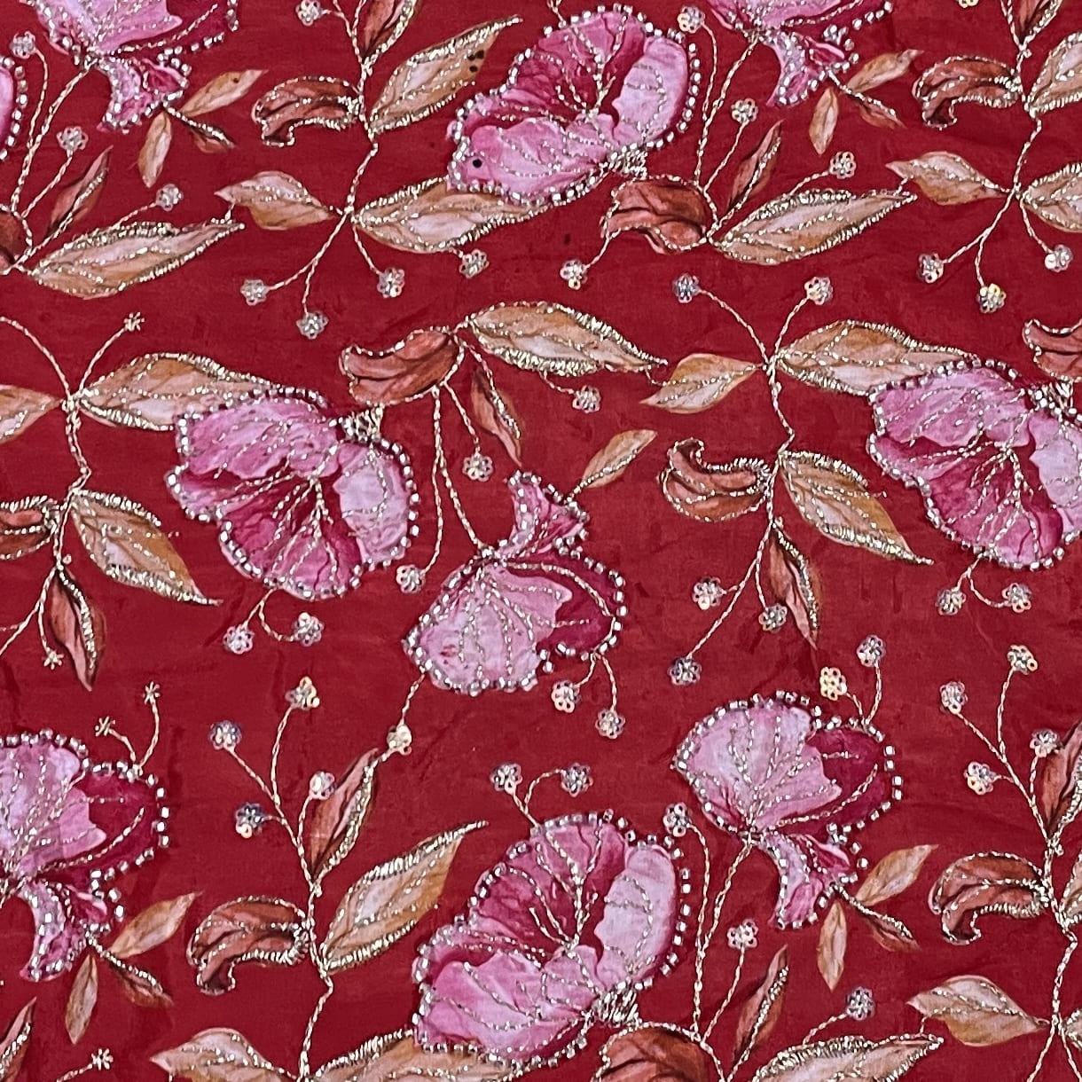 Classic Red Multicolor Floral Sequence Pearl Embroidery Natural Crape Fabric