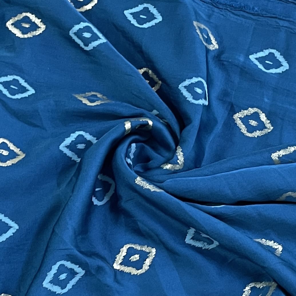 Classic Teal Blue Gold Foil Print Silk Fabric
