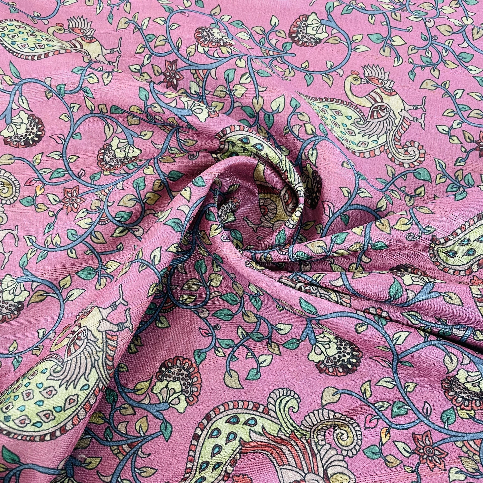 Dull Pink & Multicolor Floral Slub Tusser Silk Fabric