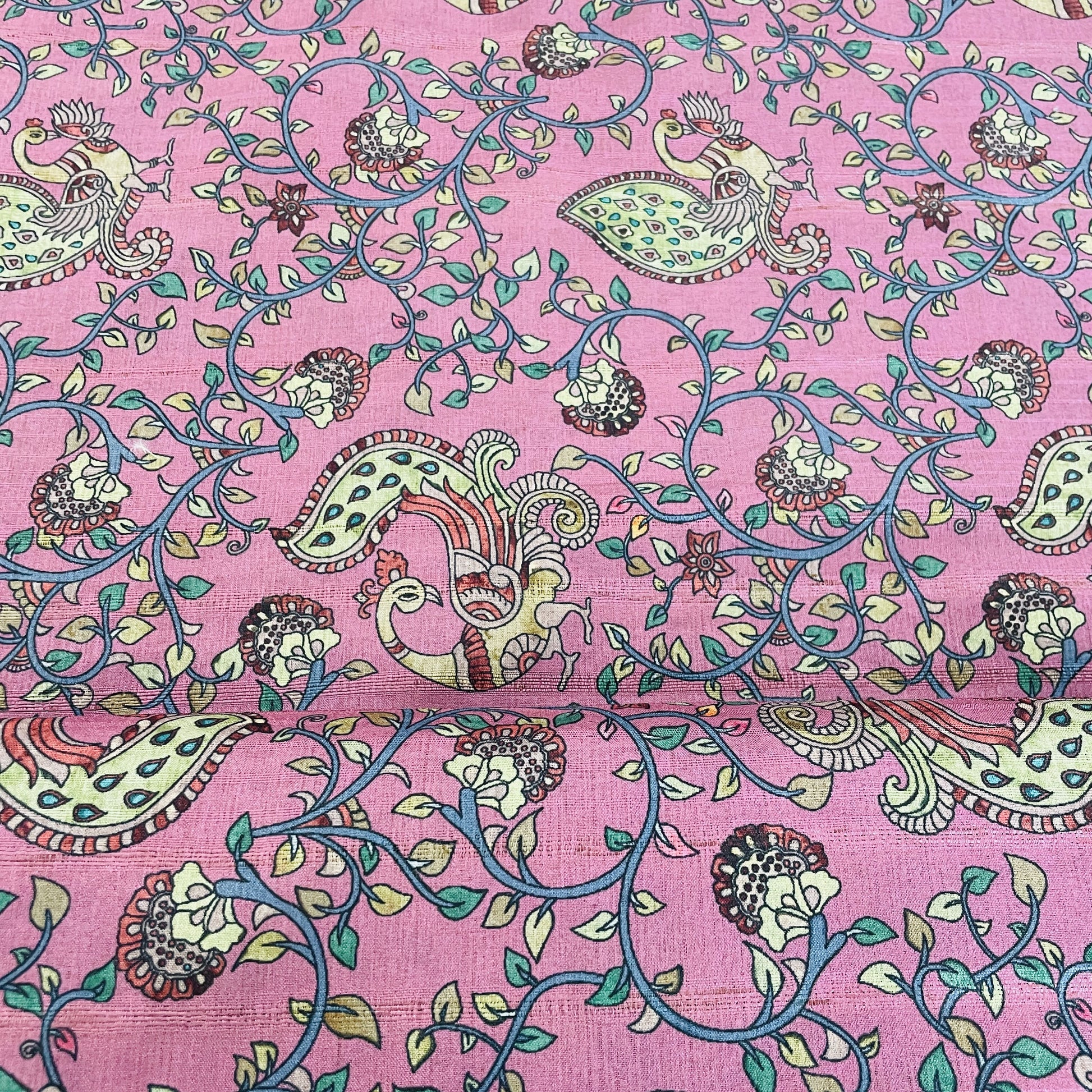 Dull Pink & Multicolor Floral Slub Tusser Silk Fabric