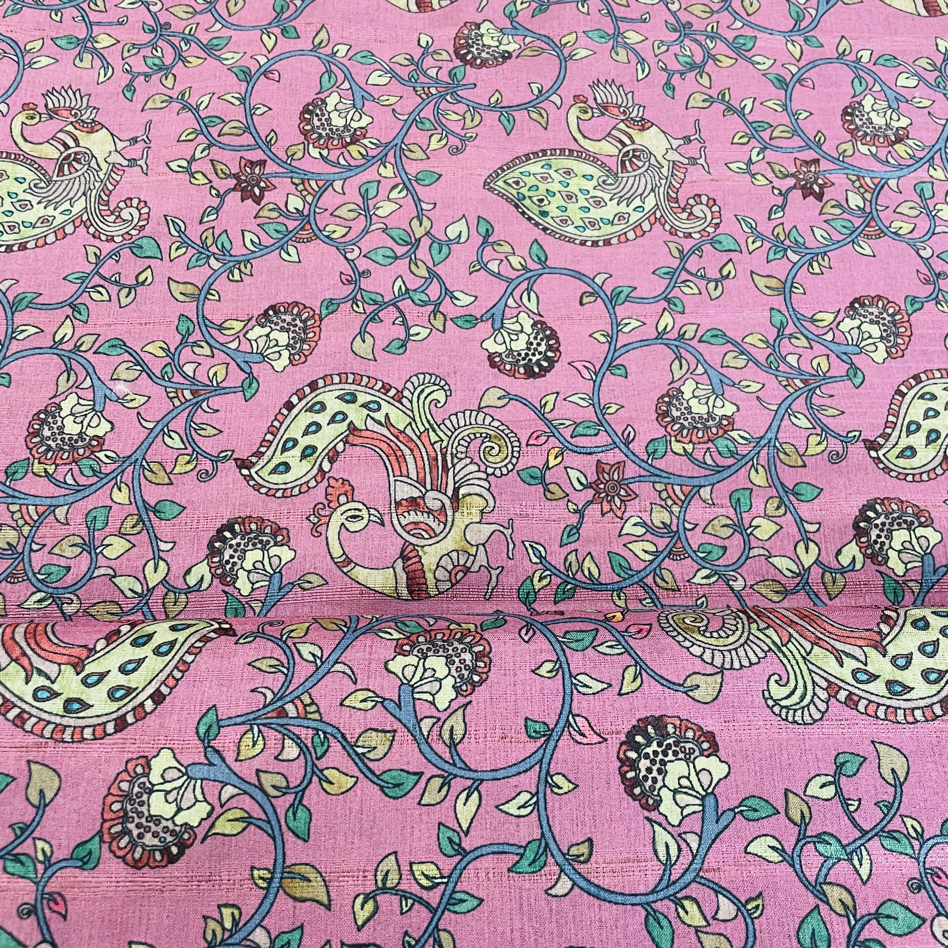 Dull Pink & Multicolor Floral Slub Tusser Silk Fabric