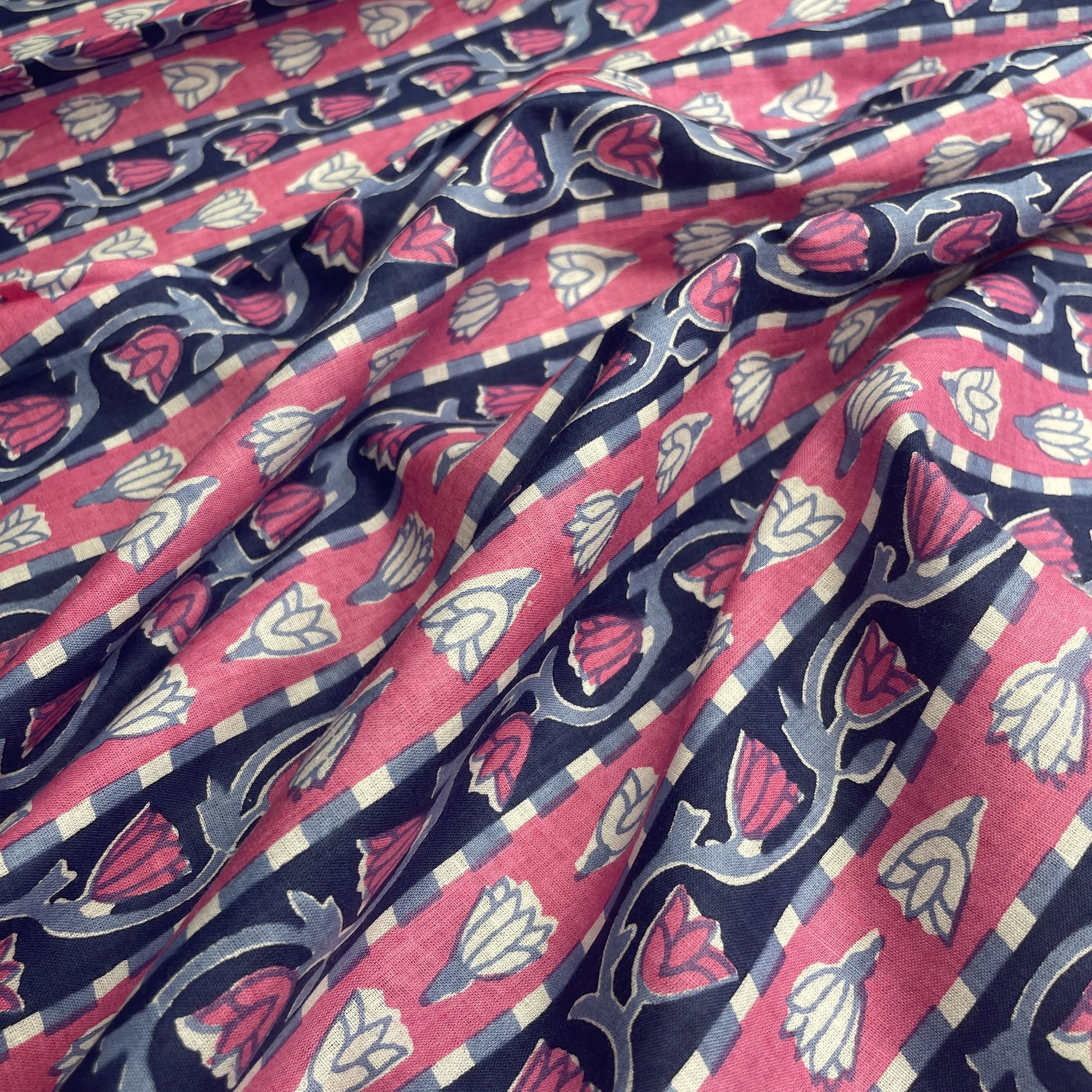 Pink Blue Flower Print Cotton Fabric