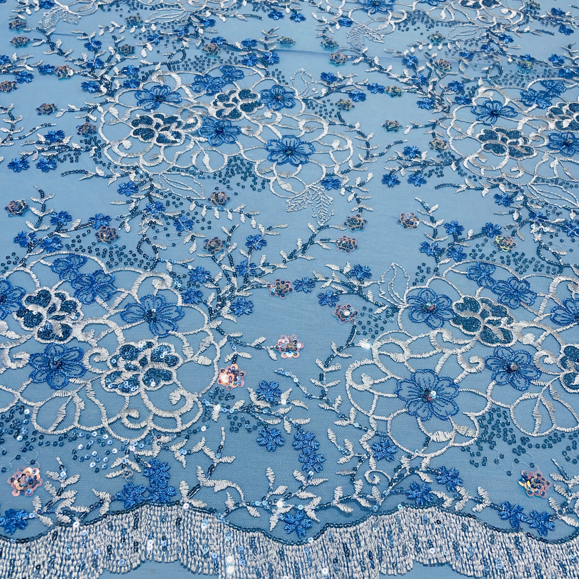 Blue Floral Sequence Embroidery Net Fabric - TradeUNO