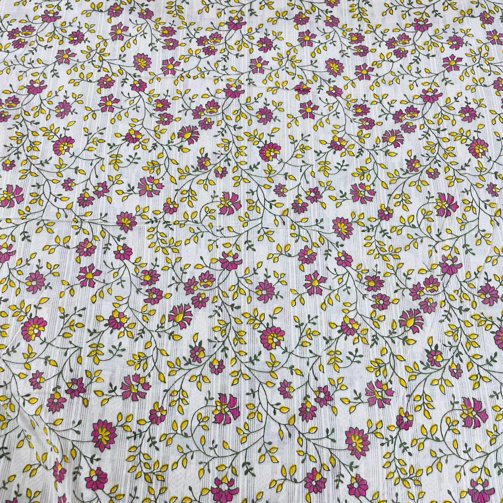 White & Pink Floral Print Cotton Slub Fabric