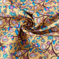 Mustard Yellow & Multicolor Floral Slub Tusser Silk Fabric
