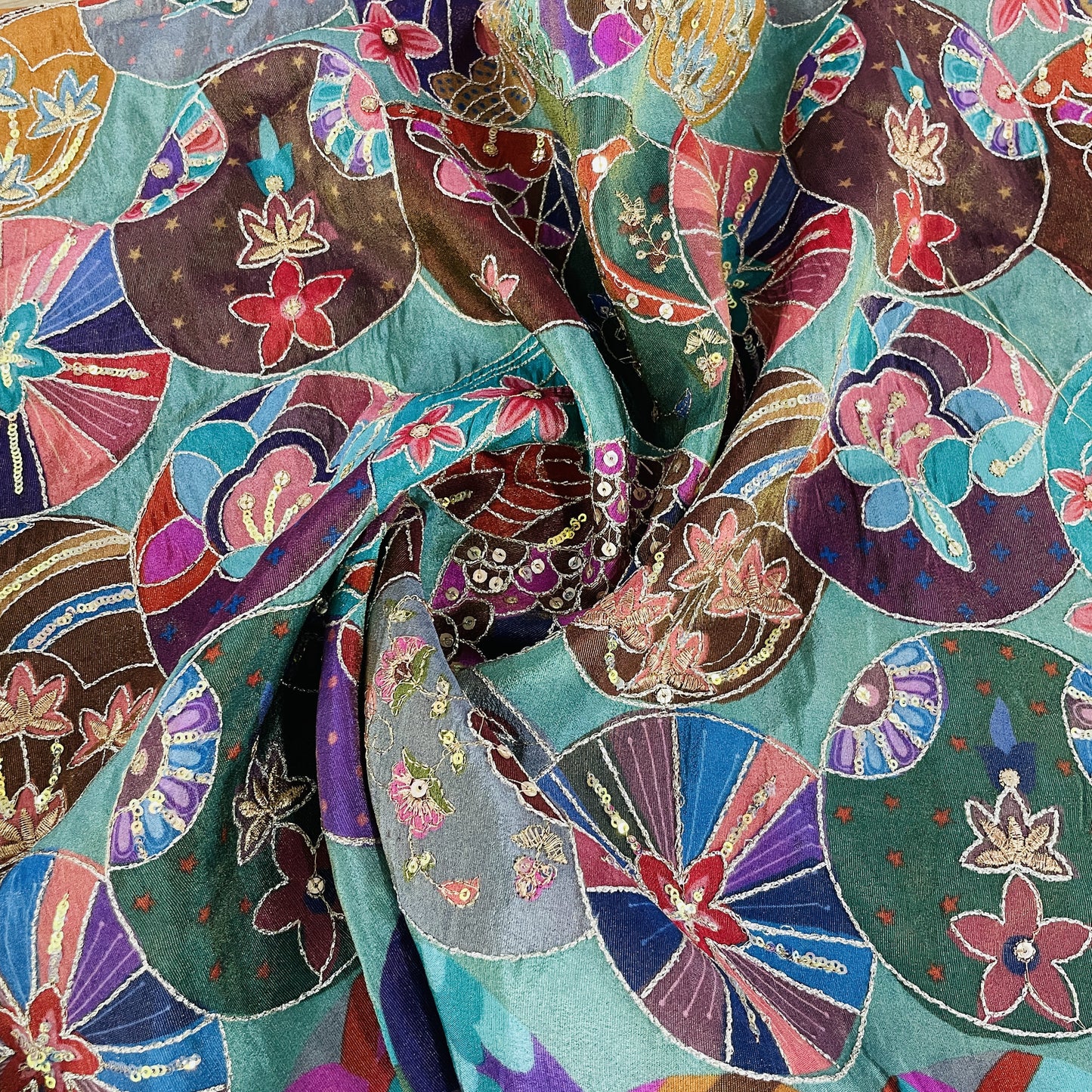 Exclusive Sea Green Multicolor Floral Sequence Embroidery Tissue Fabric
