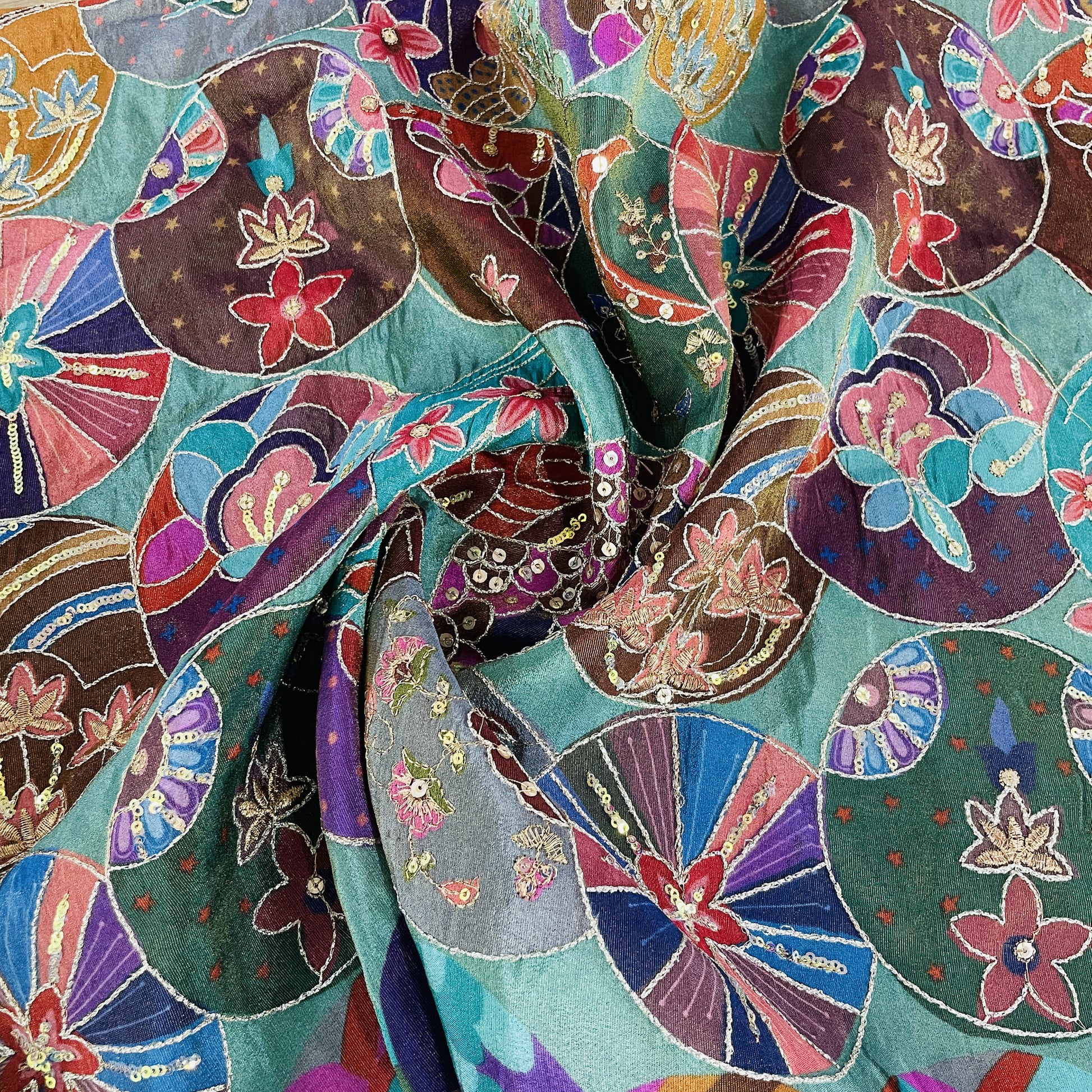 Exclusive Sea Green Multicolor Floral Sequence Embroidery Tissue Fabric