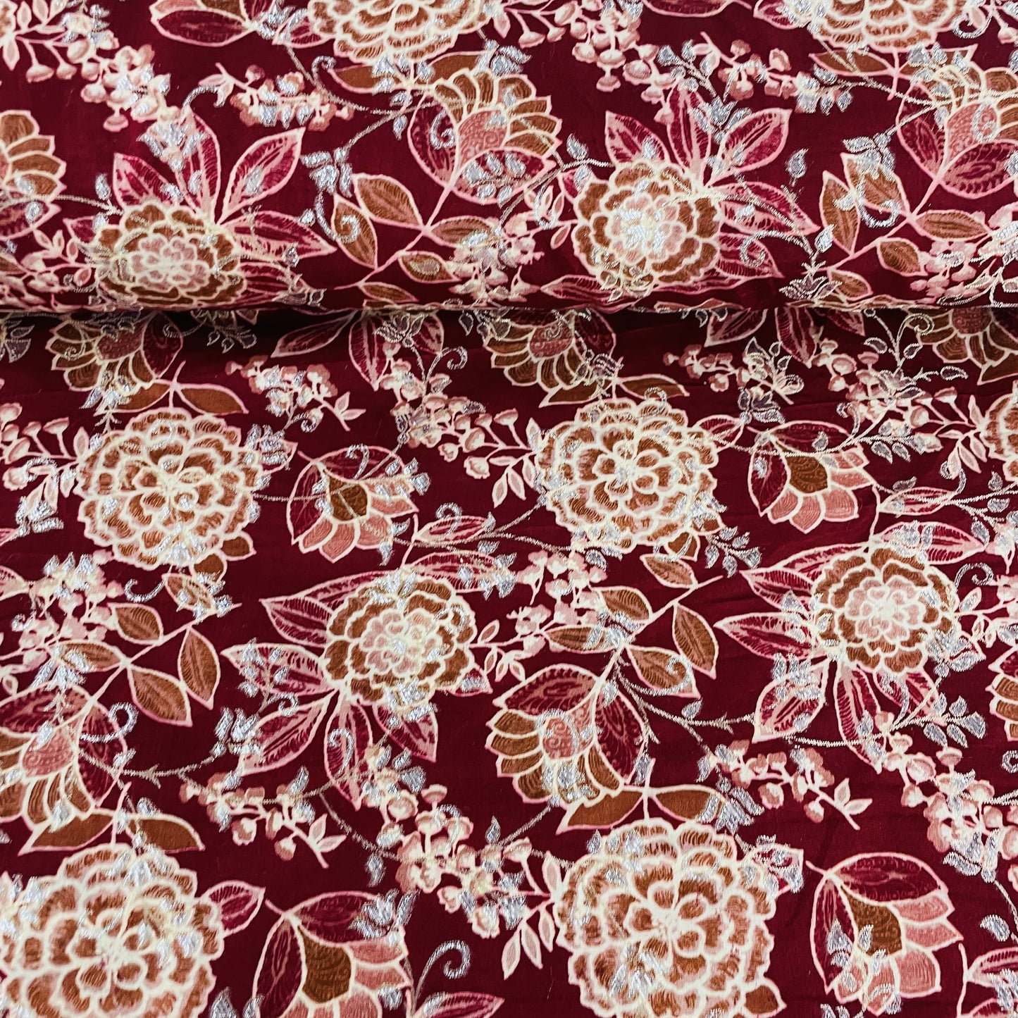 Exclusive Red Floral Print Dola Silk Jacquard Fabric