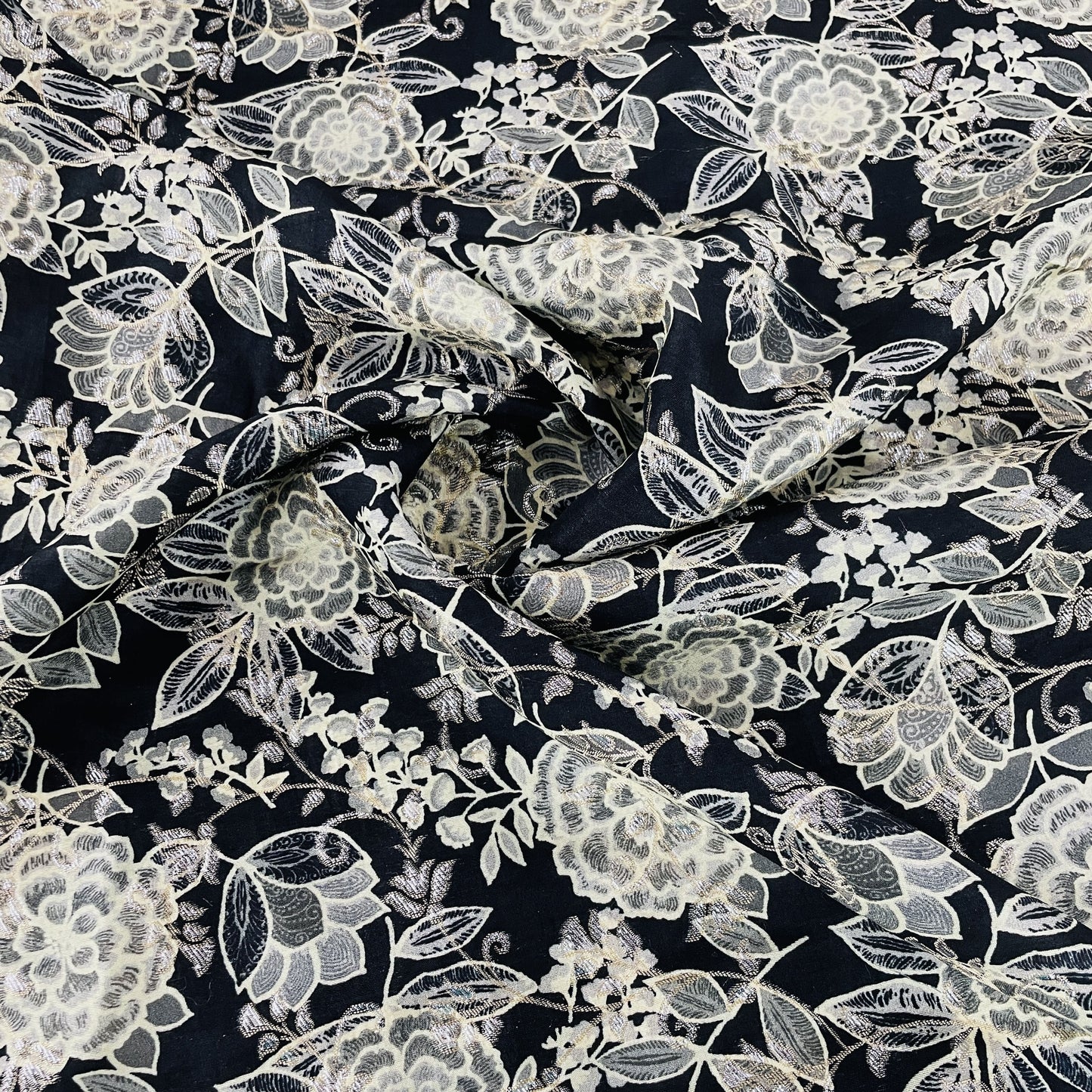 Exclusive Black Floral Print Dola Silk Jacquard Fabric