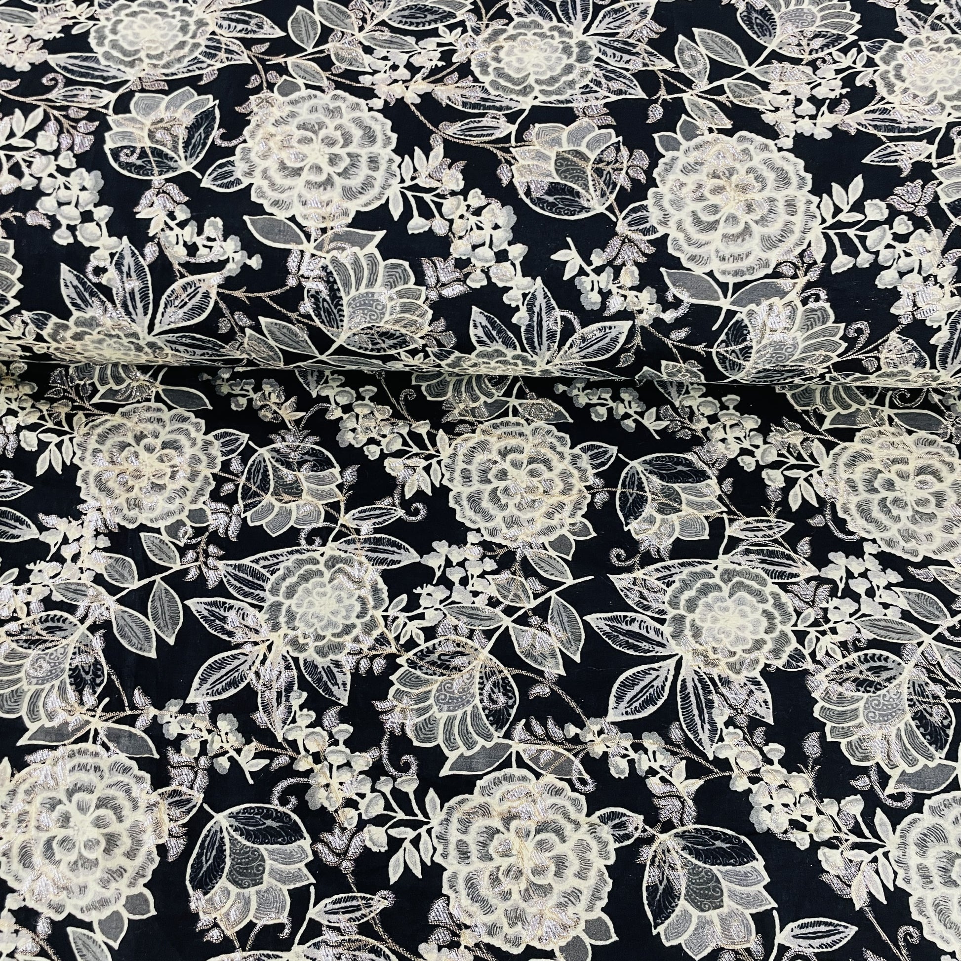 Exclusive Black Floral Print Dola Silk Jacquard Fabric