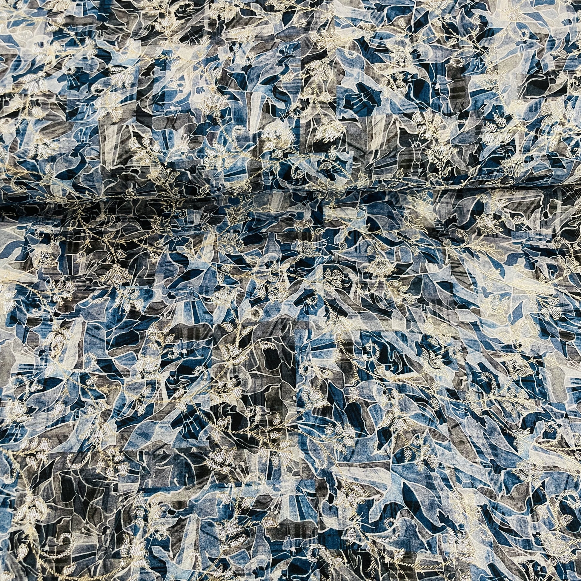 Exclusive Blue & Black Floral Print Dola Silk Jacquard Fabric