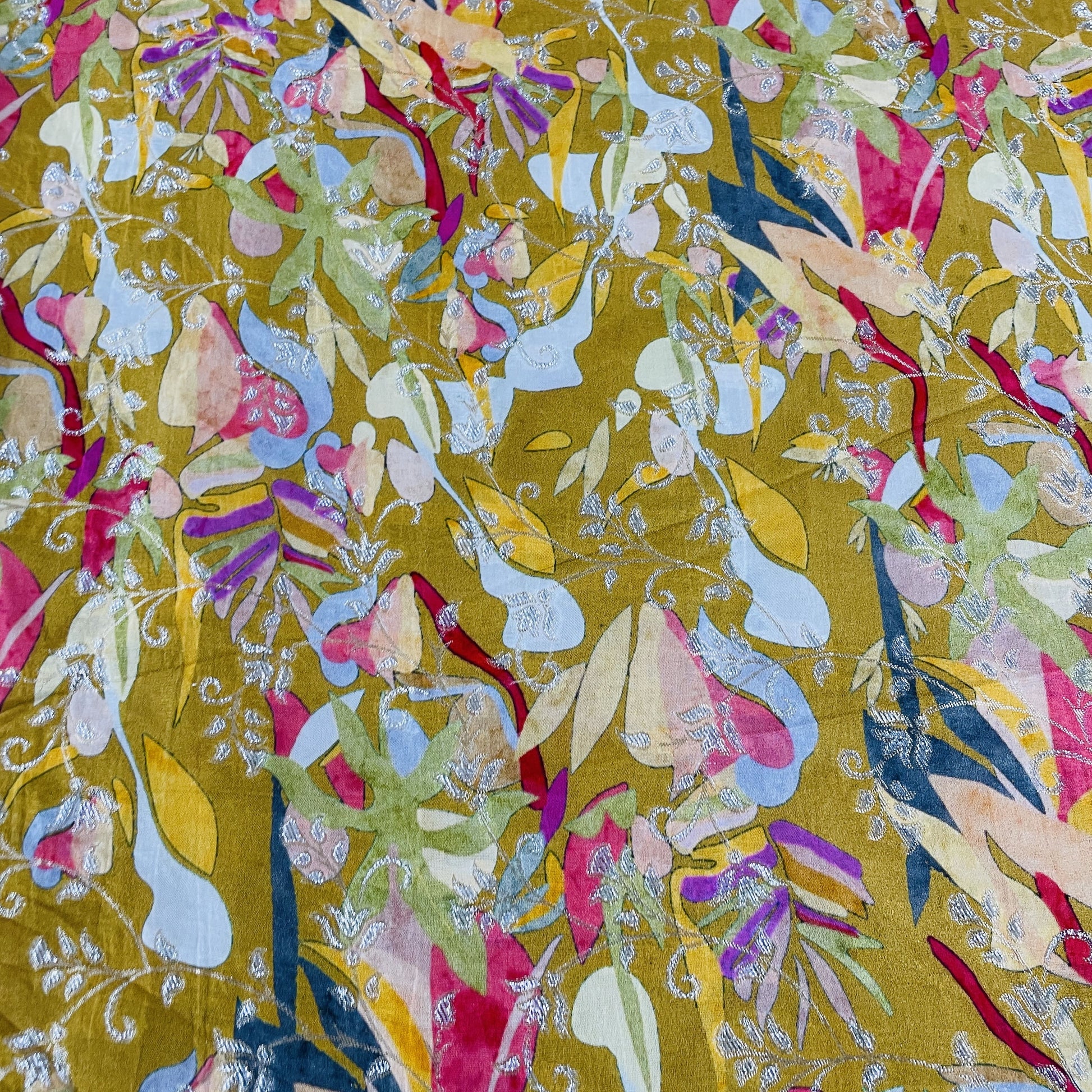 Exclusive Mustard & Mutlicolor Floral Print Dola Silk Jacquard Fabric