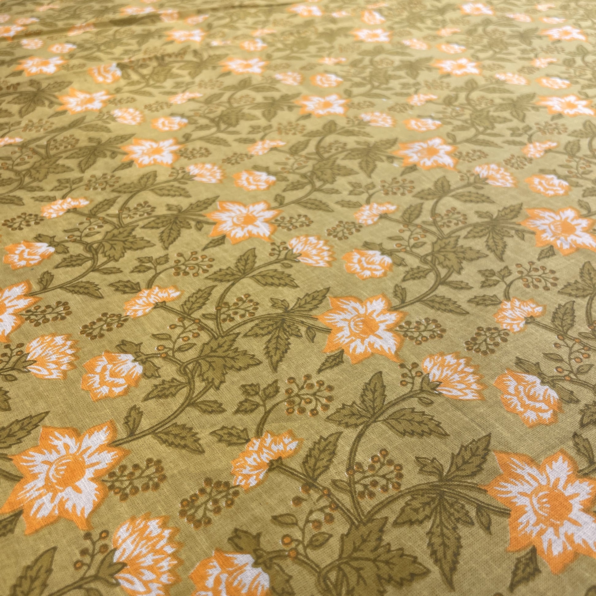 Olive Green Floral Print Cotton Fabric