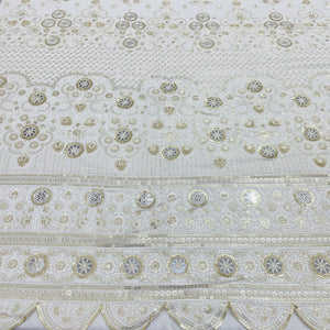 White & Golden Floral Sequence Embroidery Dyeable Georgette Fabric