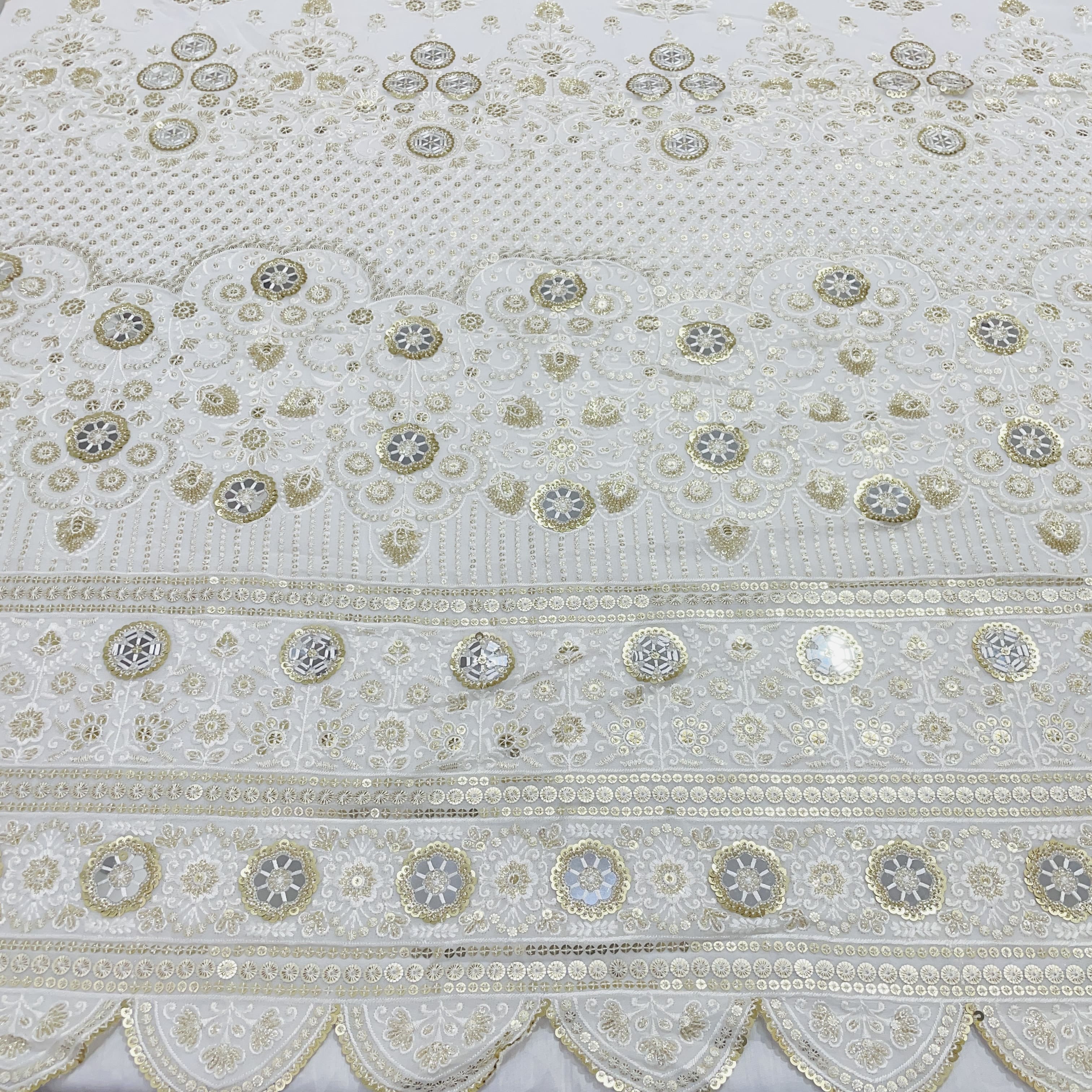 White & Golden Floral Sequence Embroidery Dyeable Georgette Fabric
