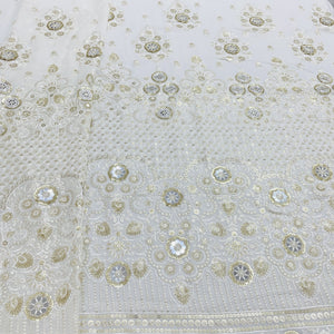 White & Golden Floral Sequence Embroidery Dyeable Georgette Fabric