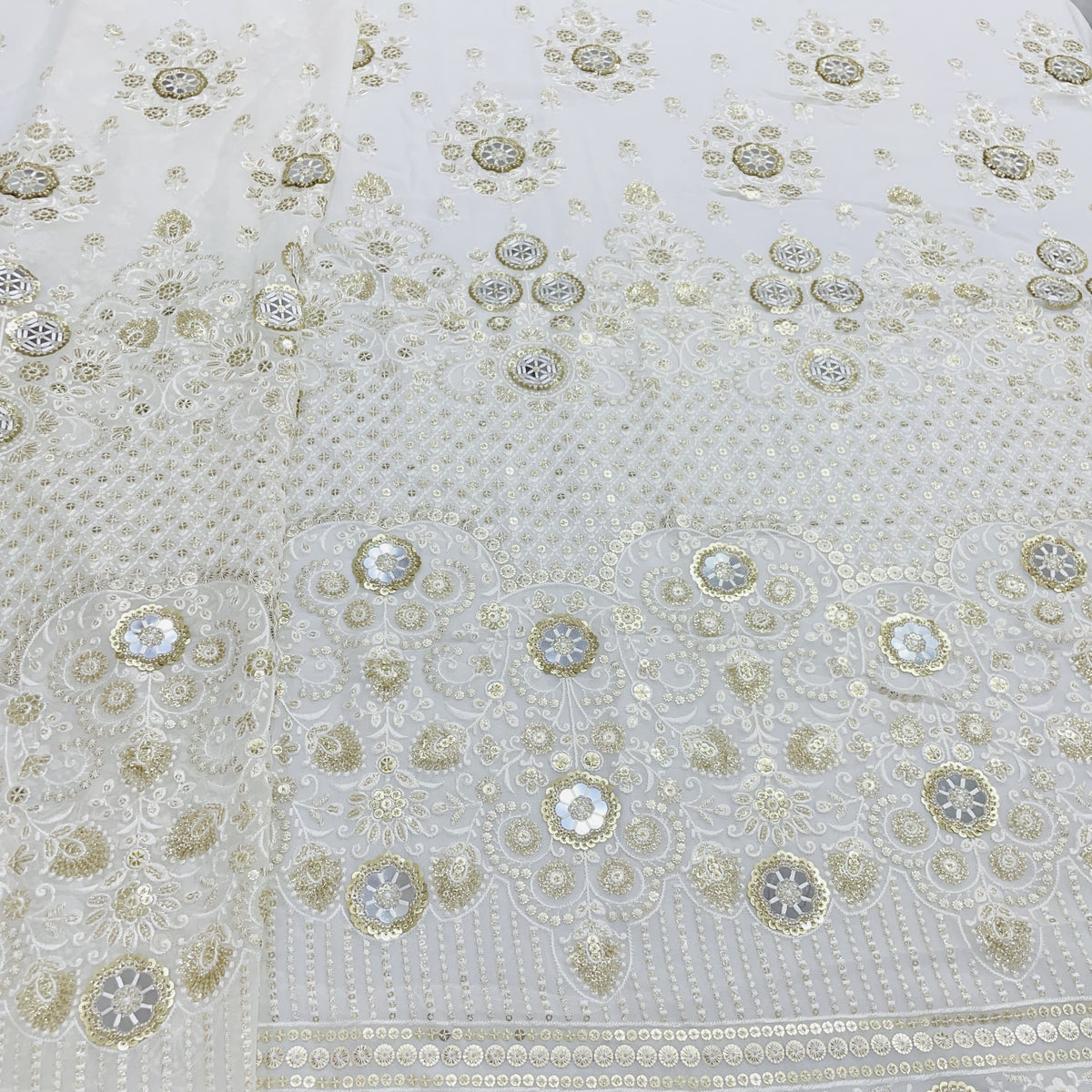 White & Golden Floral Sequence Embroidery Dyeable Georgette Fabric