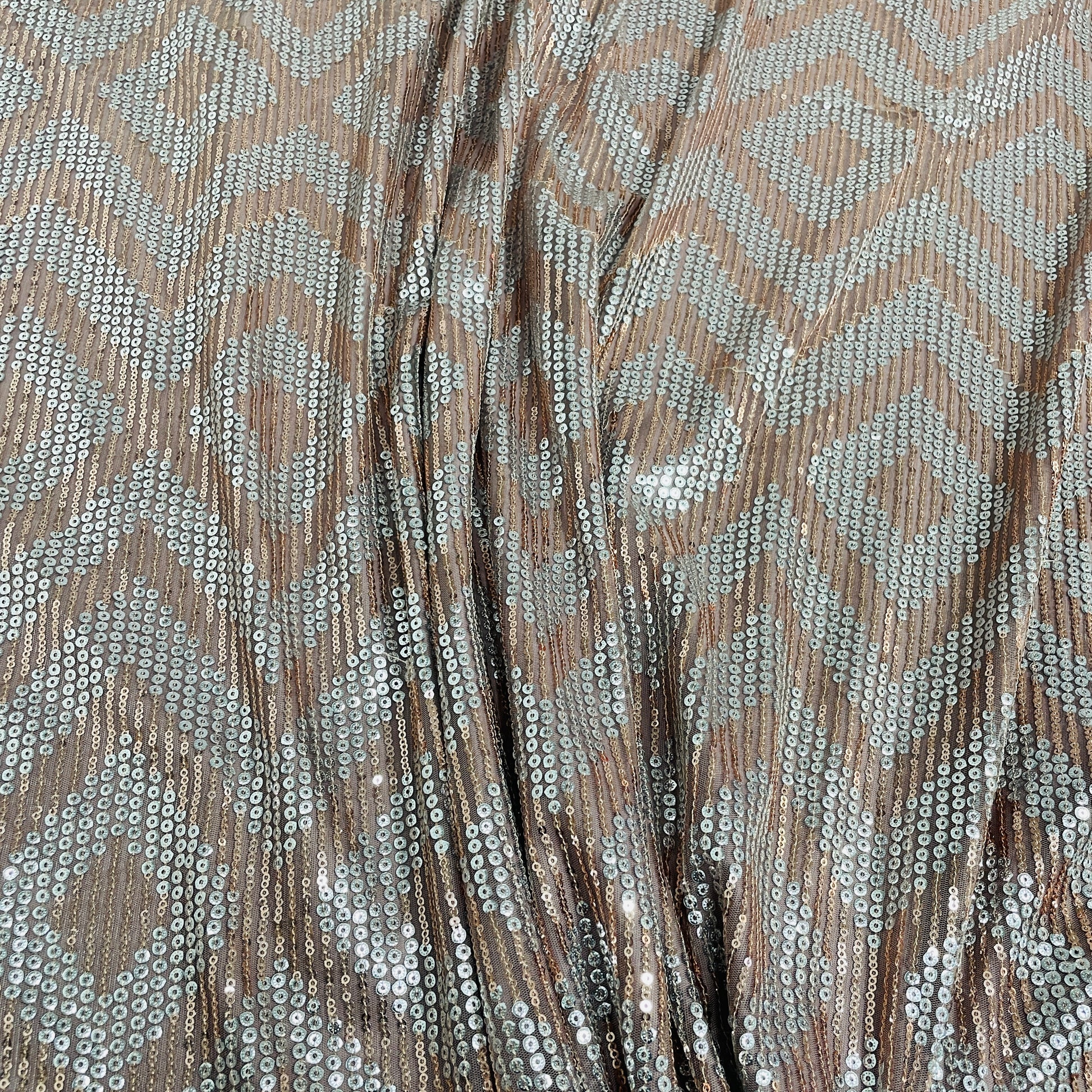 Peach Pink With Brown Silver Chevron Sequence Embroidery Net Fabric - TradeUNO