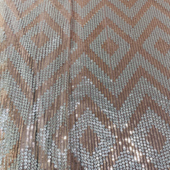 Peach Pink With Brown Silver Chevron Sequence Embroidery Net Fabric - TradeUNO