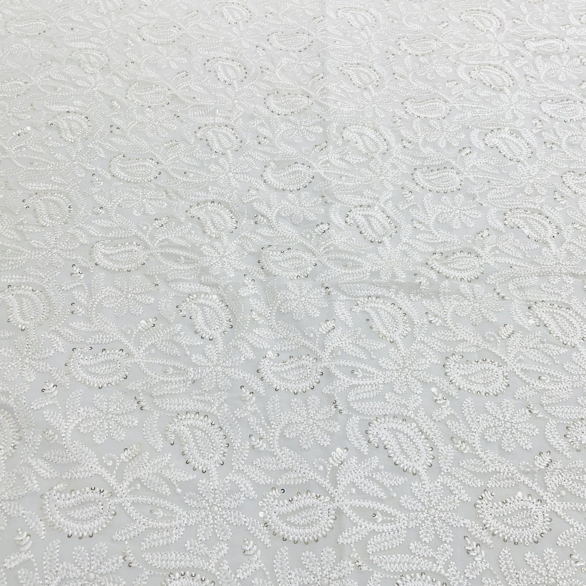 White Floral Sequence Embroidery Organza Fabric