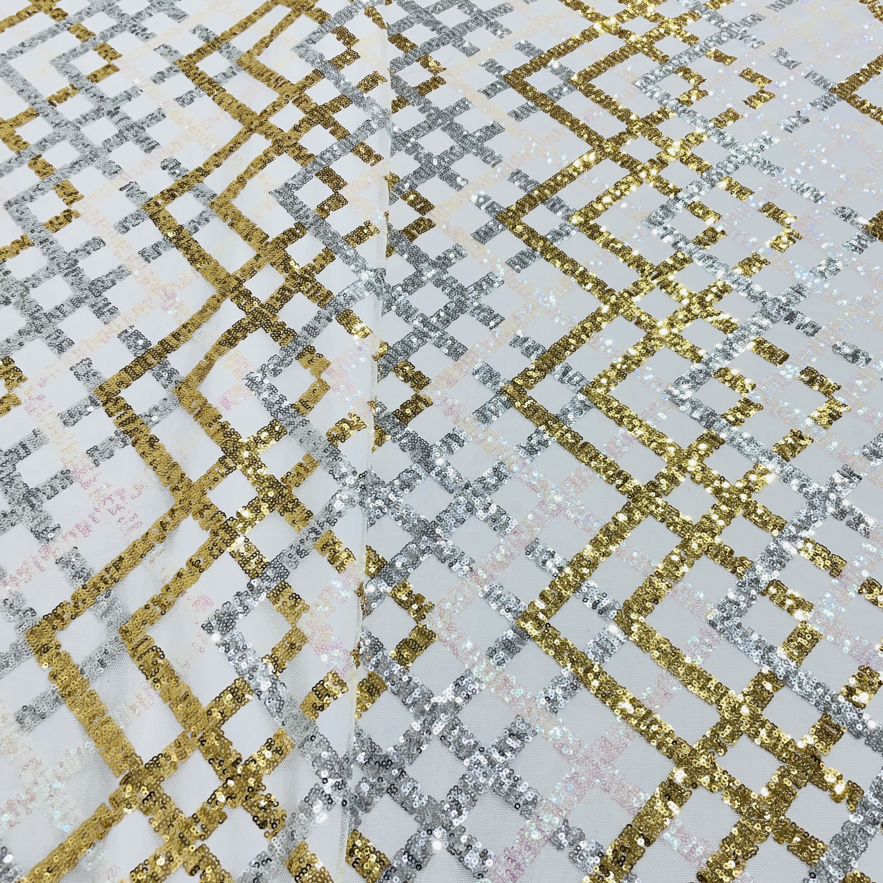 white with gold silver imported sequence embroidery powernet fabric