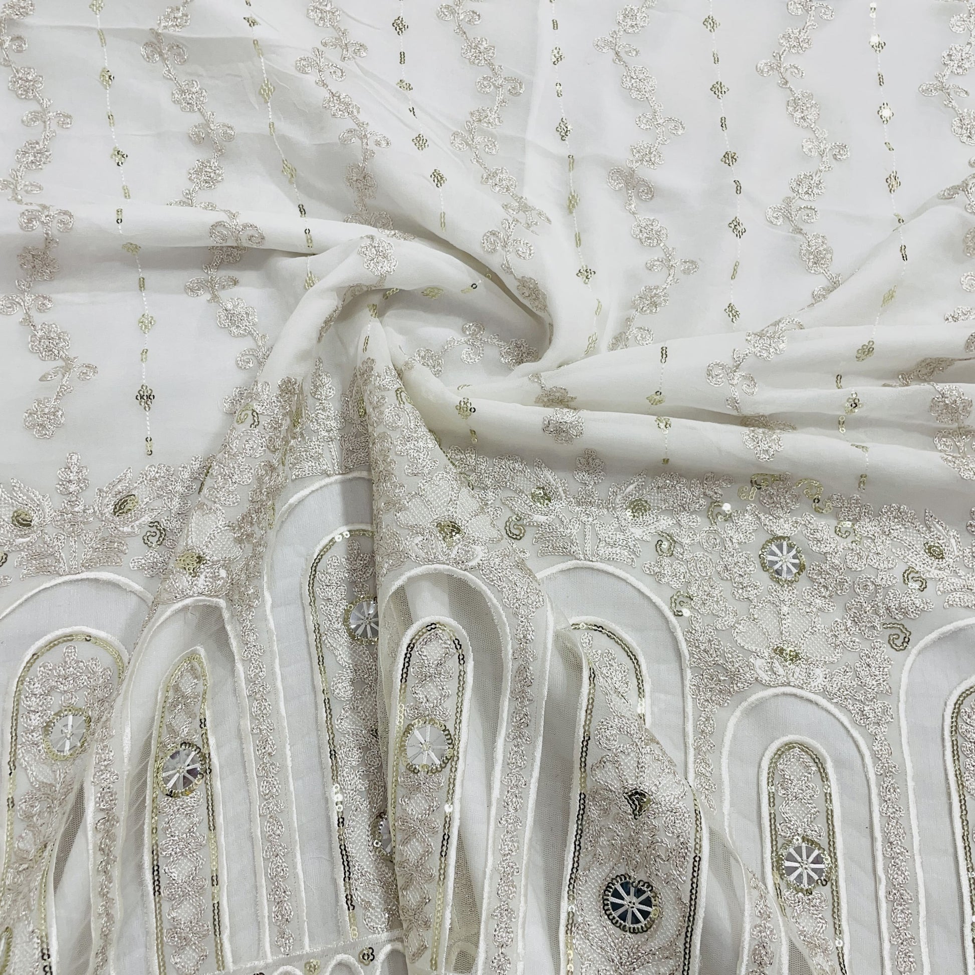 White & Silver Floral Sequence Embroidery Dyeable Georgette Fabric