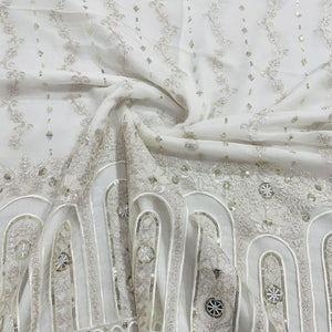 White & Silver Floral Sequence Embroidery Dyeable Georgette Fabric