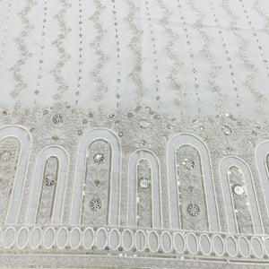 White & Silver Floral Sequence Embroidery Dyeable Georgette Fabric