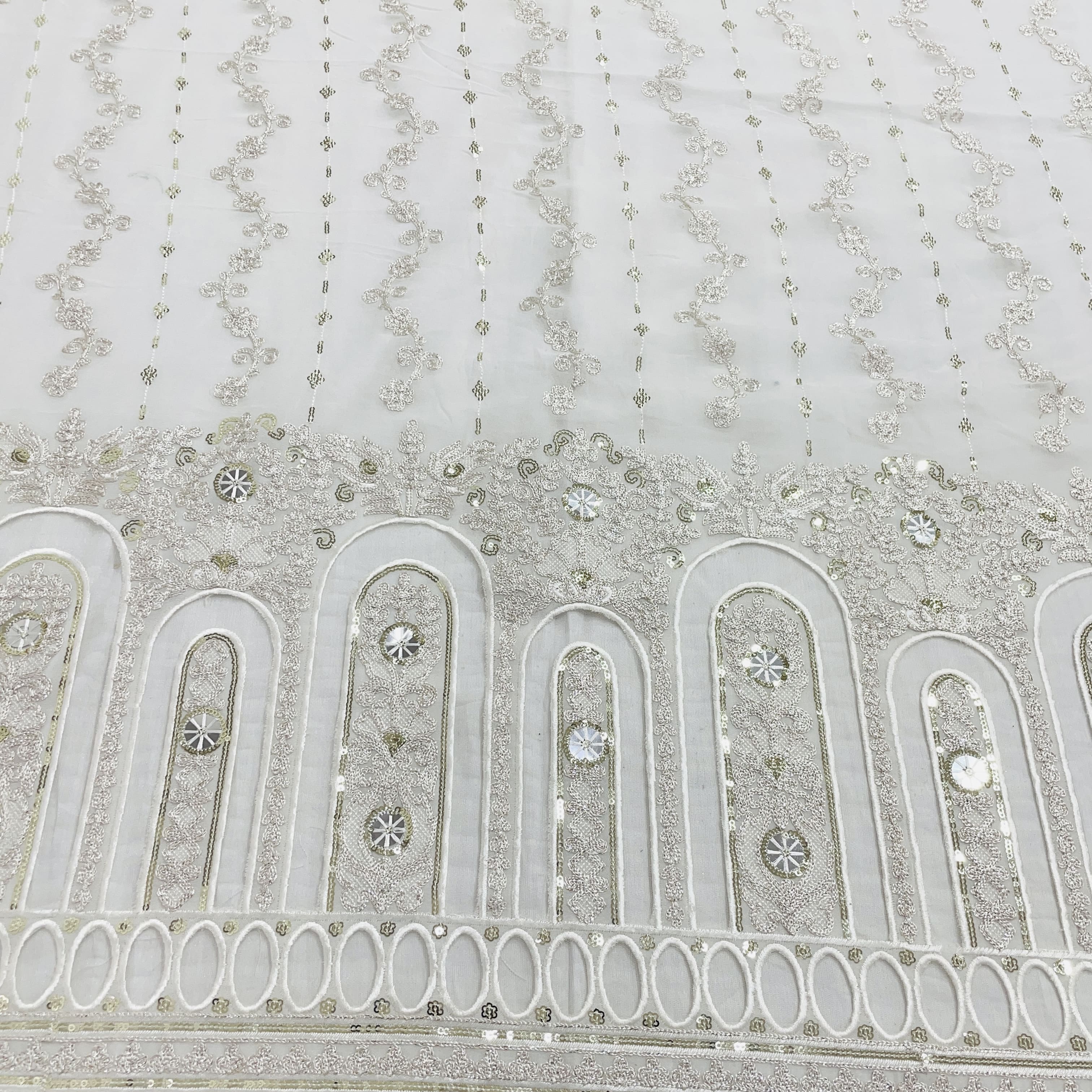 White & Silver Floral Sequence Embroidery Dyeable Georgette Fabric
