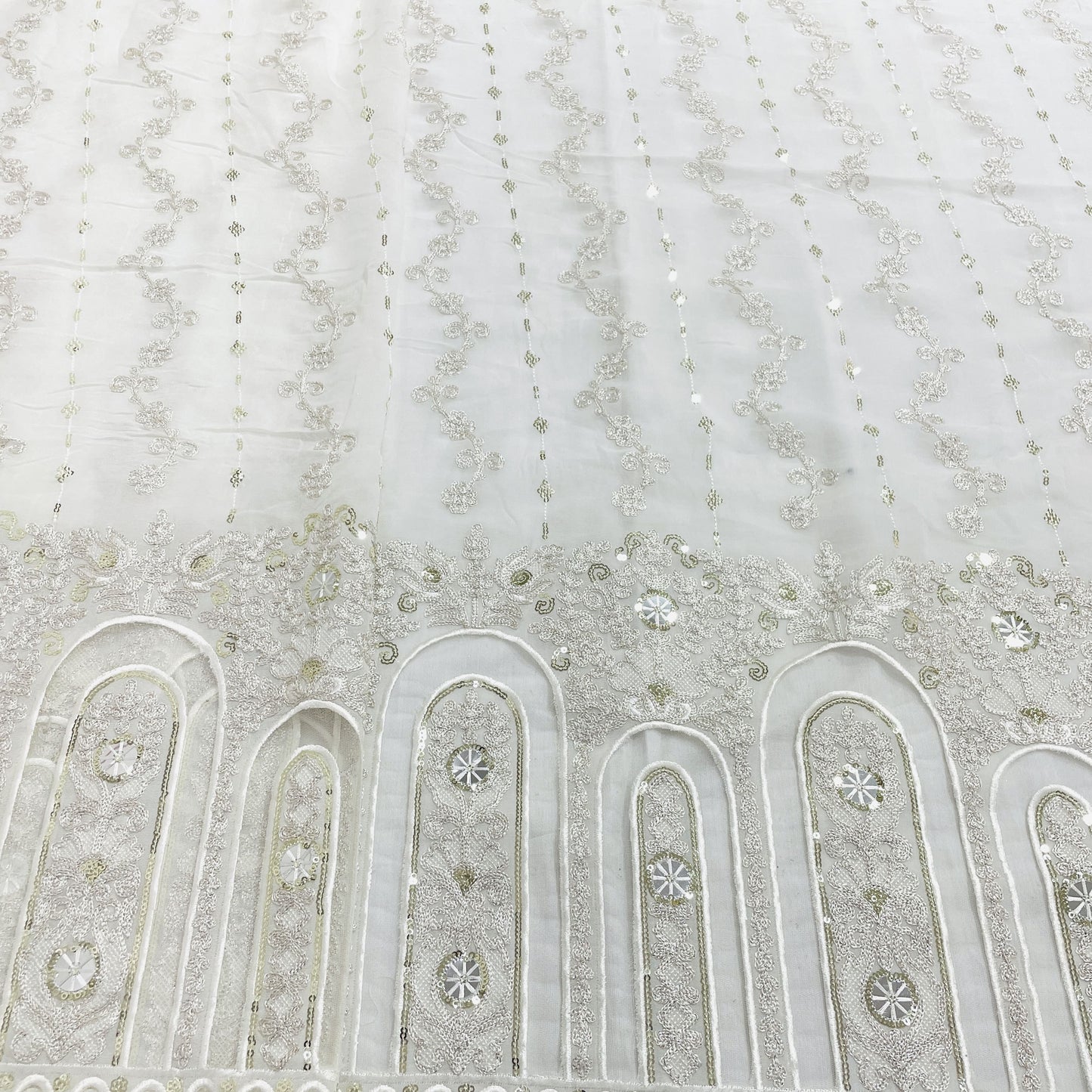 White & Silver Floral Sequence Embroidery Dyeable Georgette Fabric