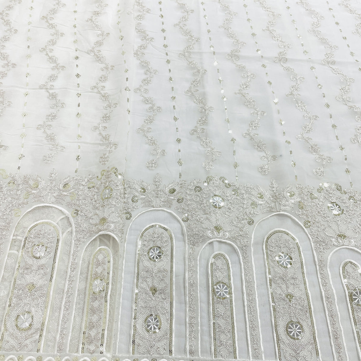 White & Silver Floral Sequence Embroidery Dyeable Georgette Fabric