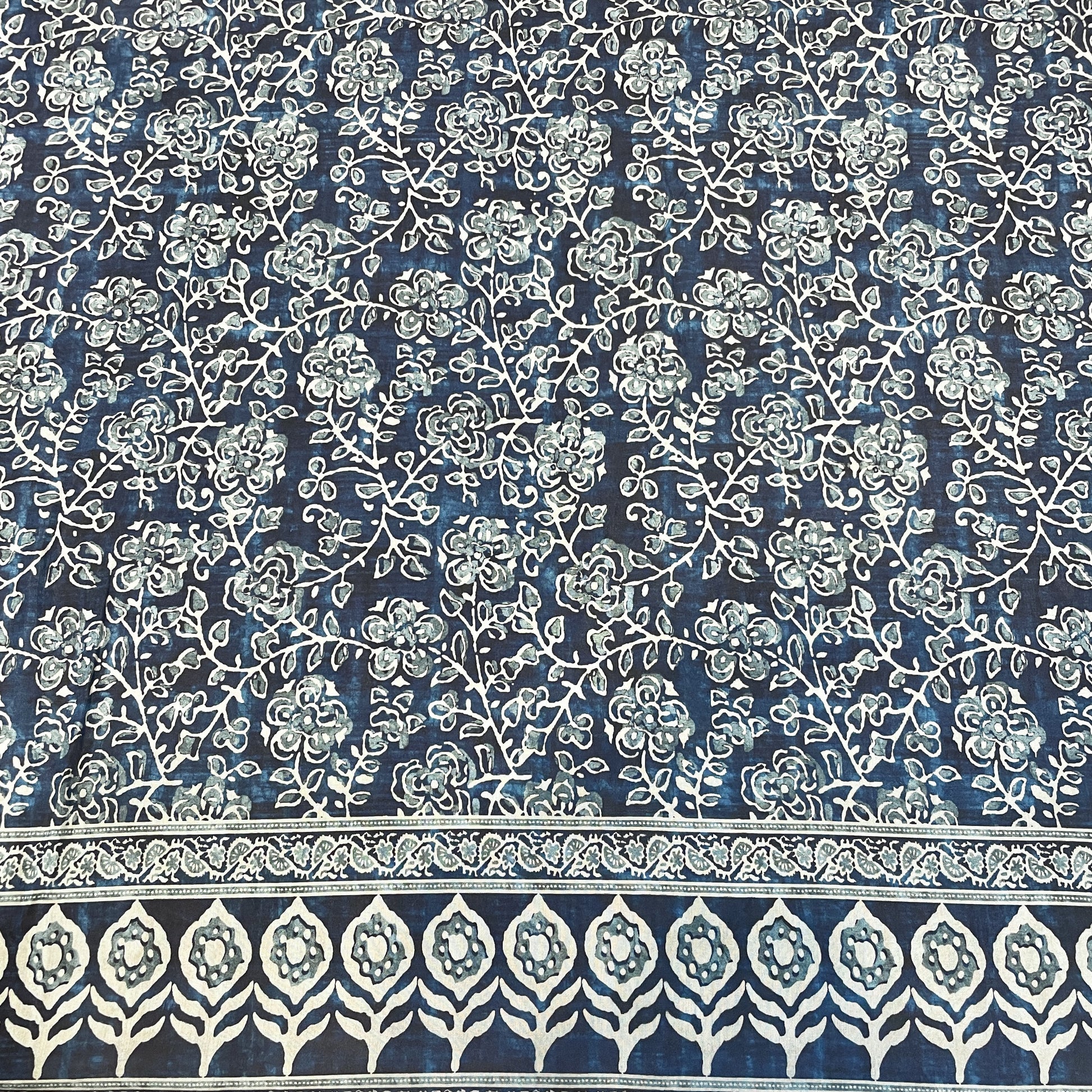 Premium Teal Blue Bagru Border Print Muslin Fabric