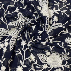 classic dark blue parsi gara embroidery georgette fabric